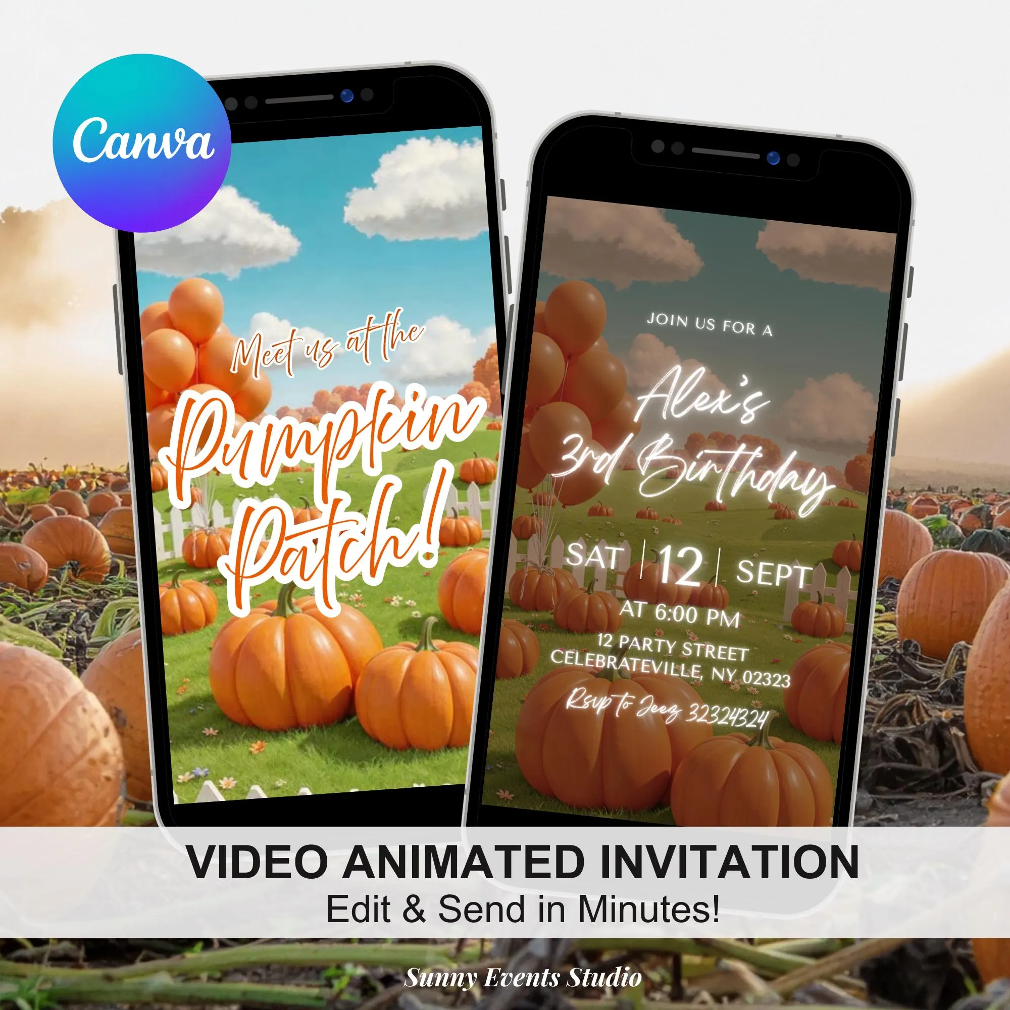 Digital Fall Pumpkin Patch Birthday Bash Invitation, Maple Leaves Autumn Birthday Invite, Canva Editable Birthday Animation Invite SEV 1