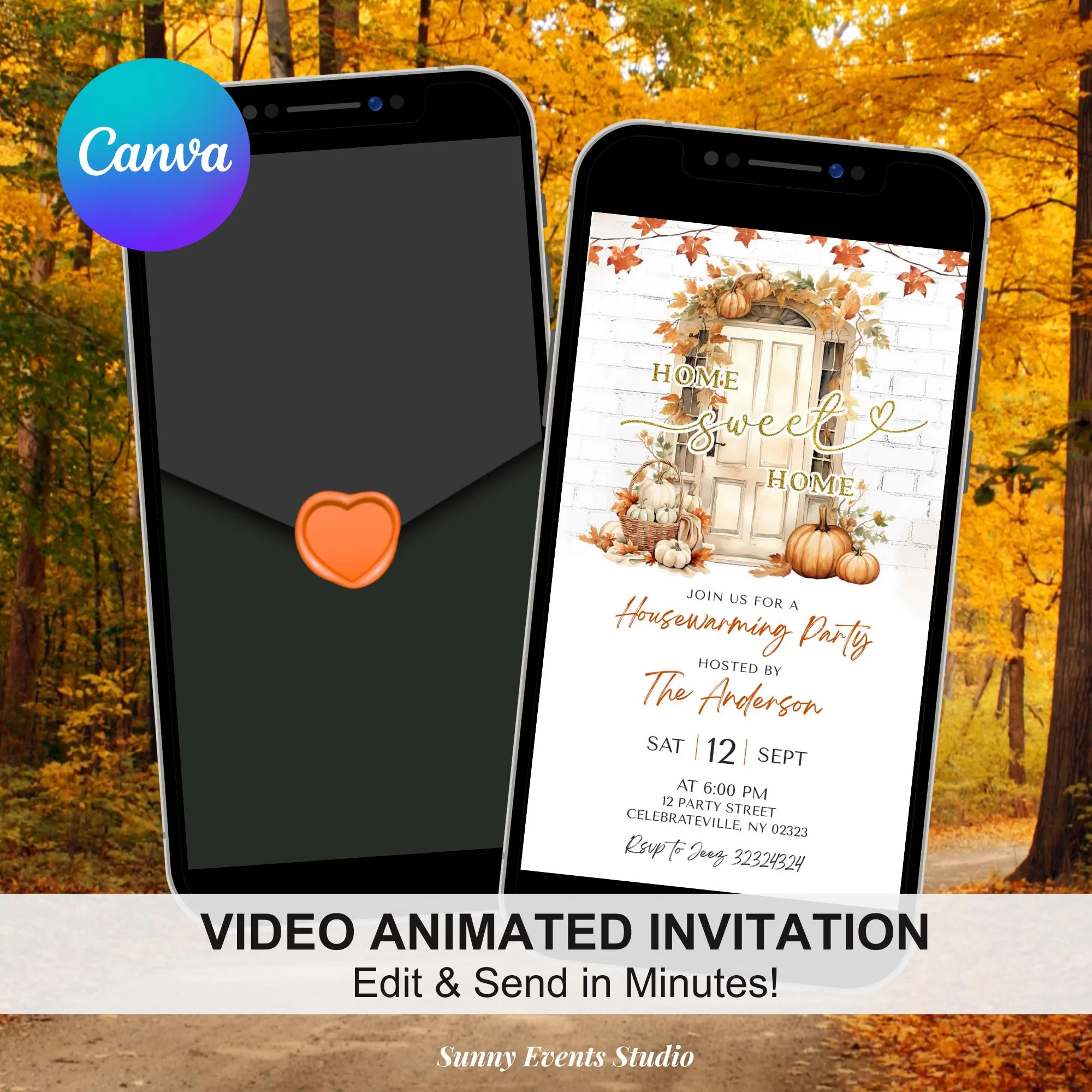 Fall Pumpkin Home Sweet Home Housewarming Video Invitation, Envelope Animation Housewarming Invite, Canva Housewarming Animation Invite C65 - image 2