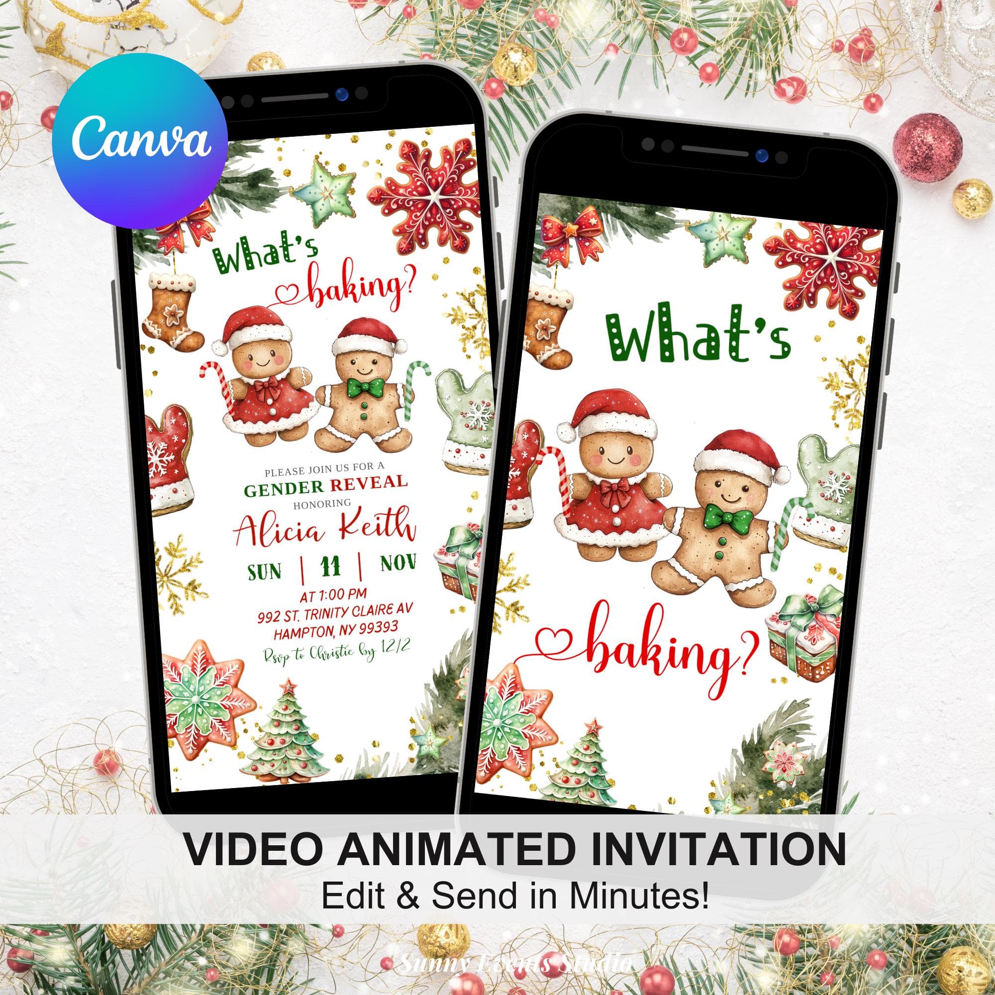 Red and Green Cookies Gingerbread Gender Reveal Invitation, What's Baking Gender Reveal Invite, Canva Editable Gender Reveal Animation WZ9