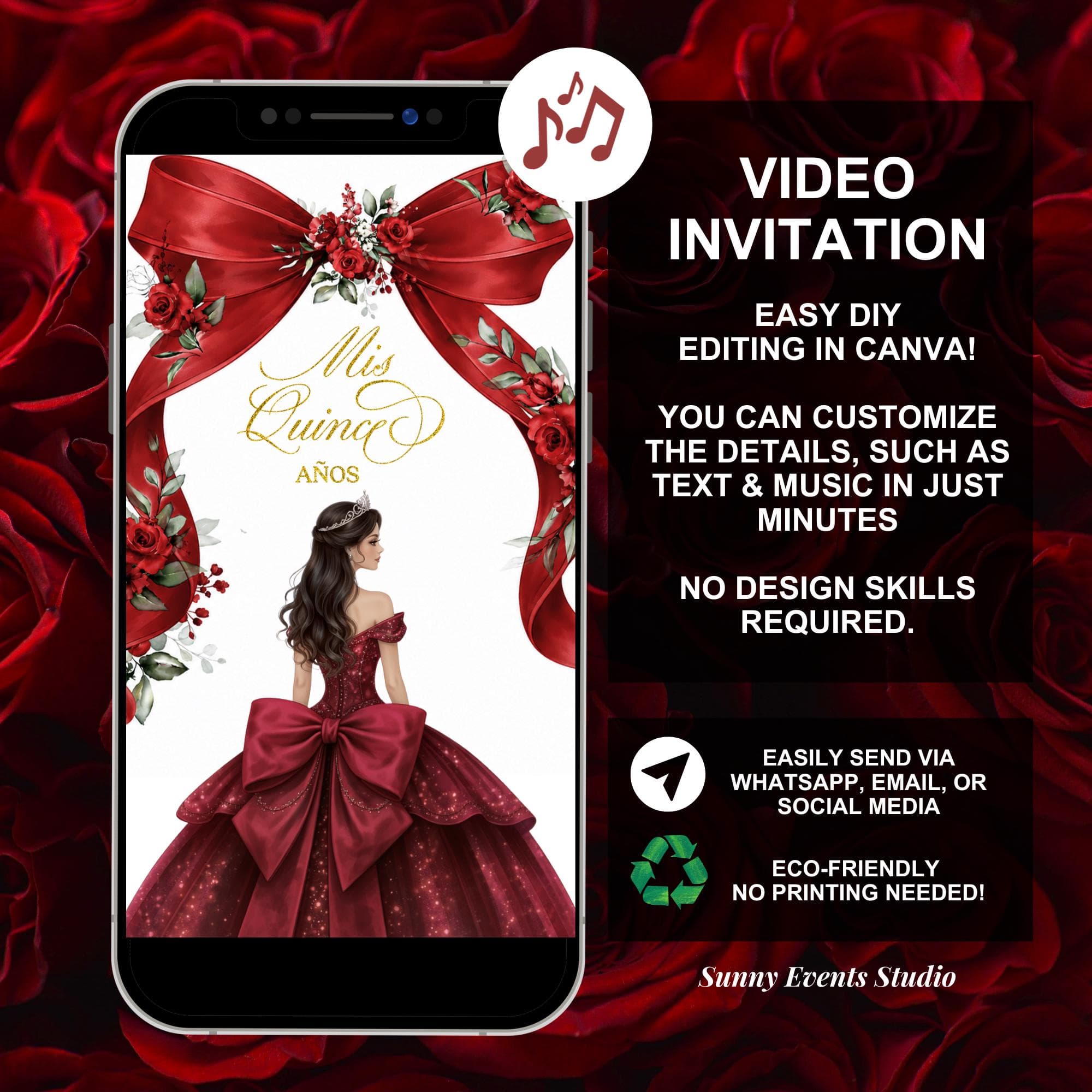 Red Burgundy Bow Coquette Quinceanera Invitation, Gold Crown Princess Sweet 16th Invite, Canva Animation Floral Mis Quince Anos XV C227 - image 4
