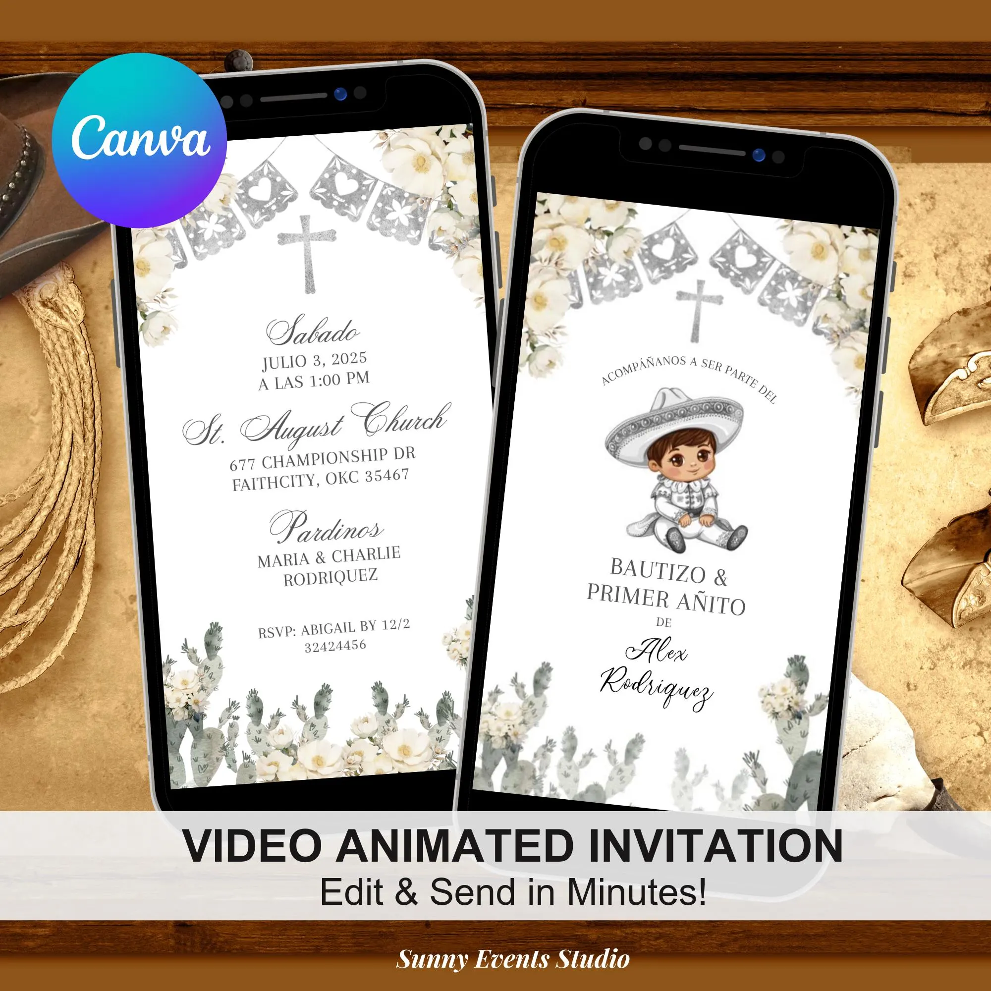 Mexican Charro Cactus Baptism and First Birthday Video Invitation, Invitación de bautizo y primer añito, Baptism and Birthday Animated C125