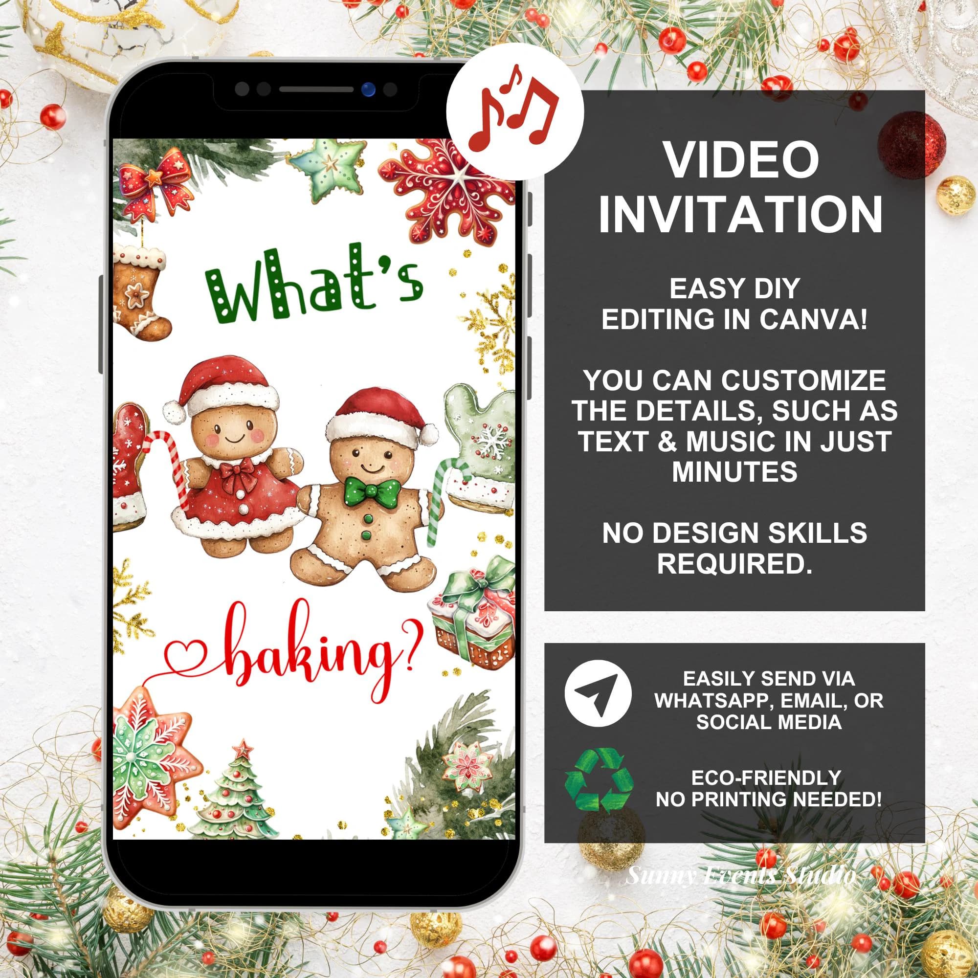 Red and Green Cookies Gingerbread Gender Reveal Invitation, What's Baking Gender Reveal Invite, Canva Editable Gender Reveal Animation WZ9 - image 3