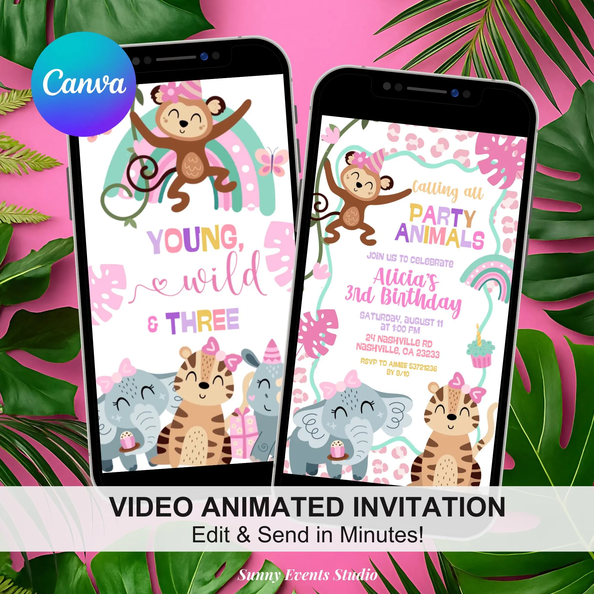 Safari Young Wild and Three Birthday Invitation, Jungle Party Animal Girl 3rd Birthday Invite, Canva Wild Animals Birthday Animation C219