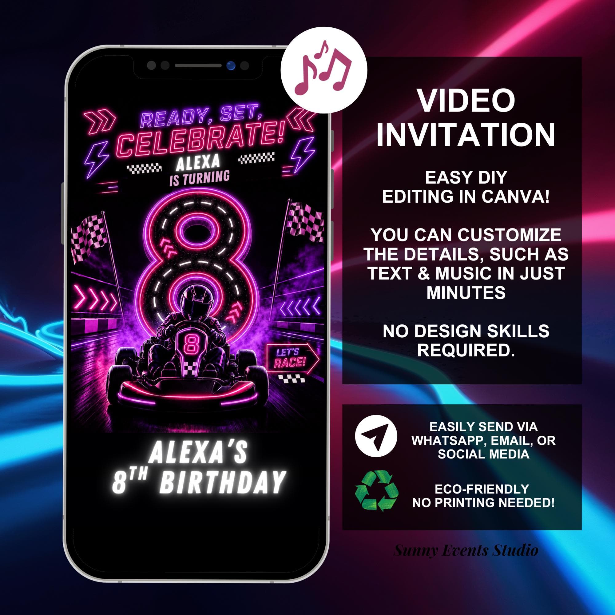 Neon Pink Purple Girl Racing 8th Birthday Invitation, Editable Canva Template Gokart Birthday With RSVP Tracking (Digital Download) - image 3