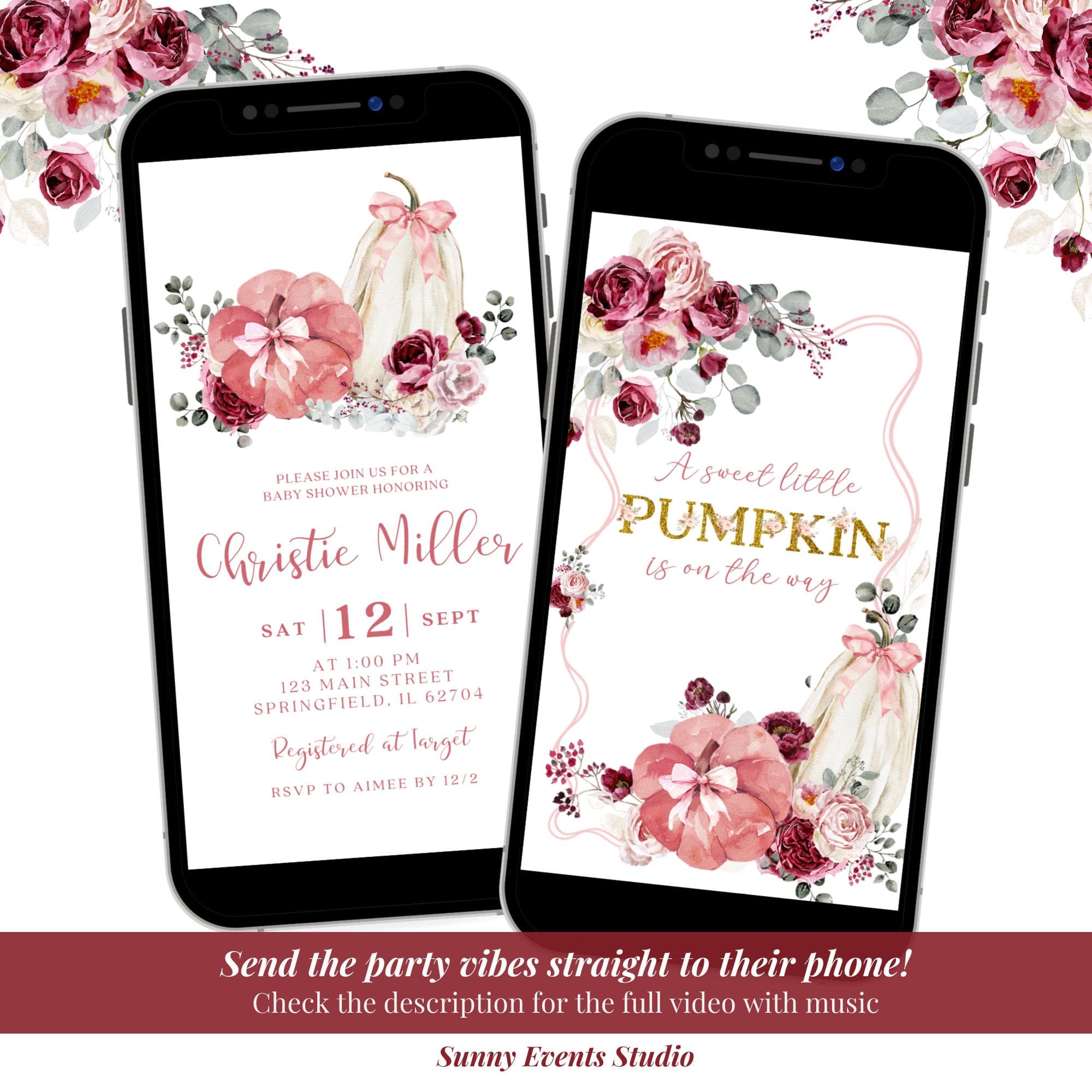 Blush and Burgundy Bow Coquette Pumpkin Baby Shower Video Invitation, Sweet Little Pumpkin Baby Shower, Fall Baby Shower Animation C140