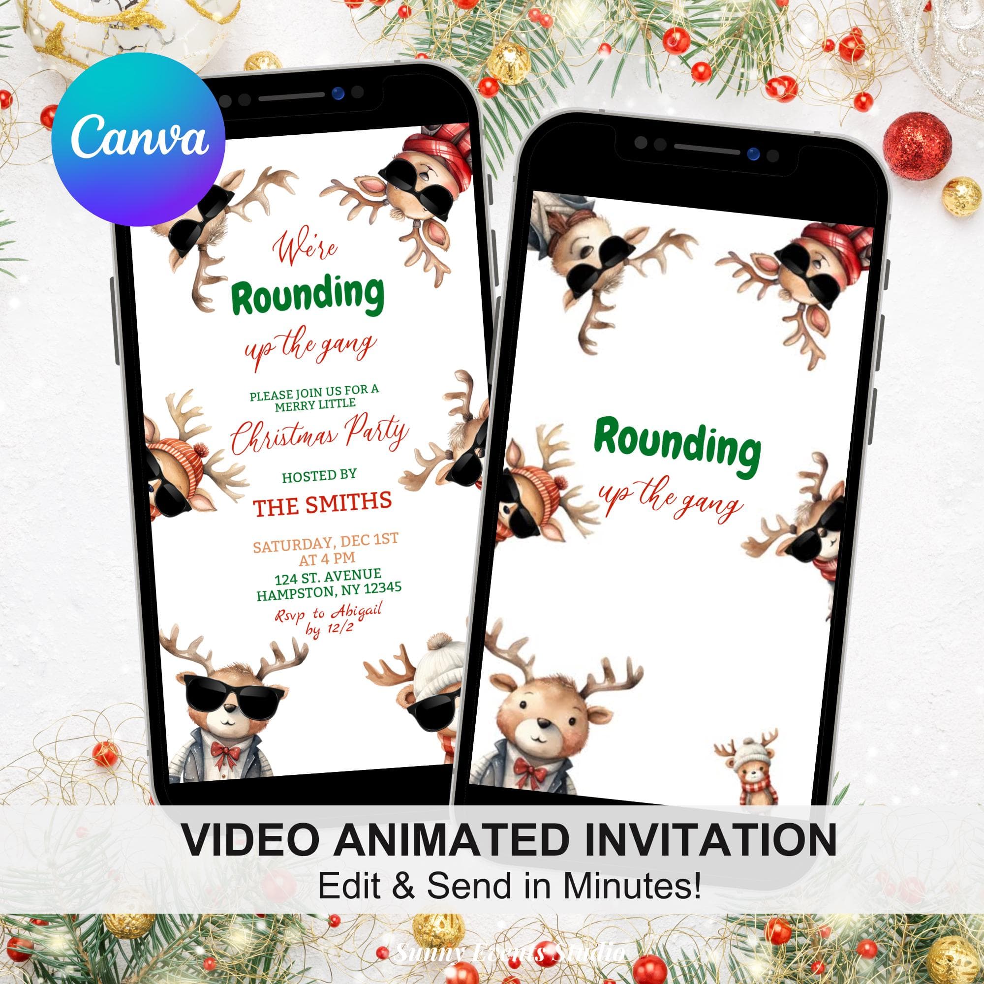 Rounding Up The Gang Reindeer Christmas Party Invite, Merry Little Christmas Holiday Party, Canva Fun Deer Holiday Party Animation CS5