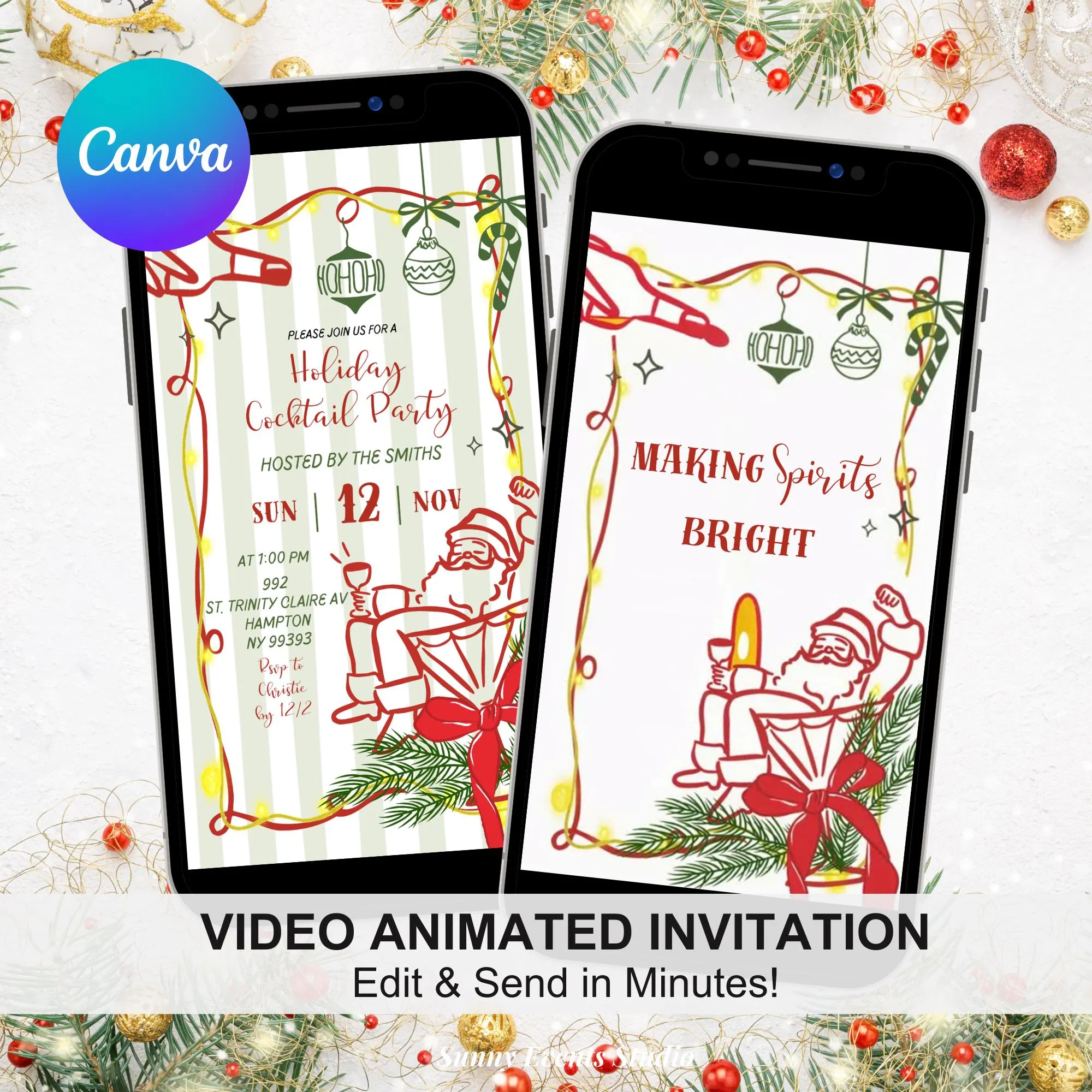 Hand Doodle Christmas Holiday Cocktail Party Invitation, Making Spirits Bright Holiday Party Invite, Canva Holiday Party Animation C165