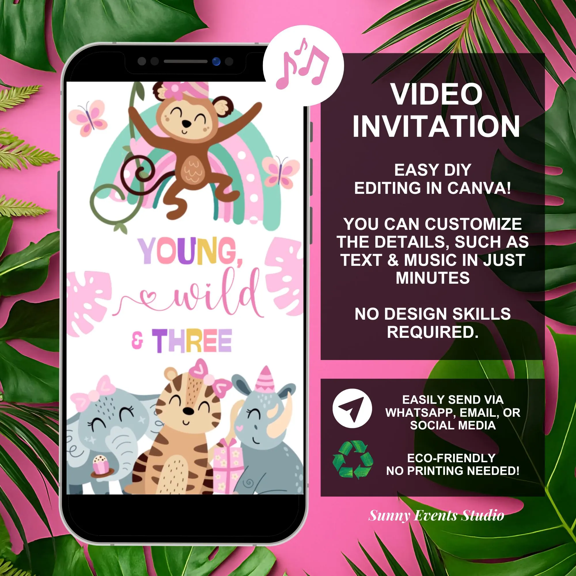 Safari Young Wild and Three Birthday Invitation, Jungle Party Animal Girl 3rd Birthday Invite, Canva Wild Animals Birthday Animation C219 - image 3