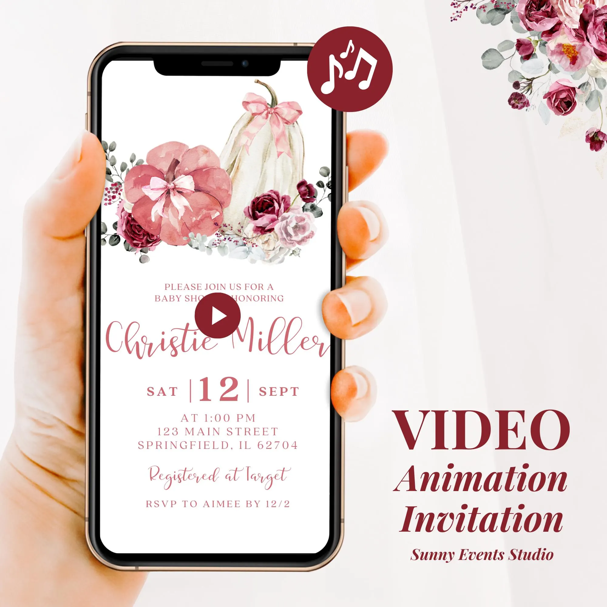 Blush and Burgundy Bow Coquette Pumpkin Baby Shower Video Invitation, Sweet Little Pumpkin Baby Shower, Fall Baby Shower Animation C140 - image 3