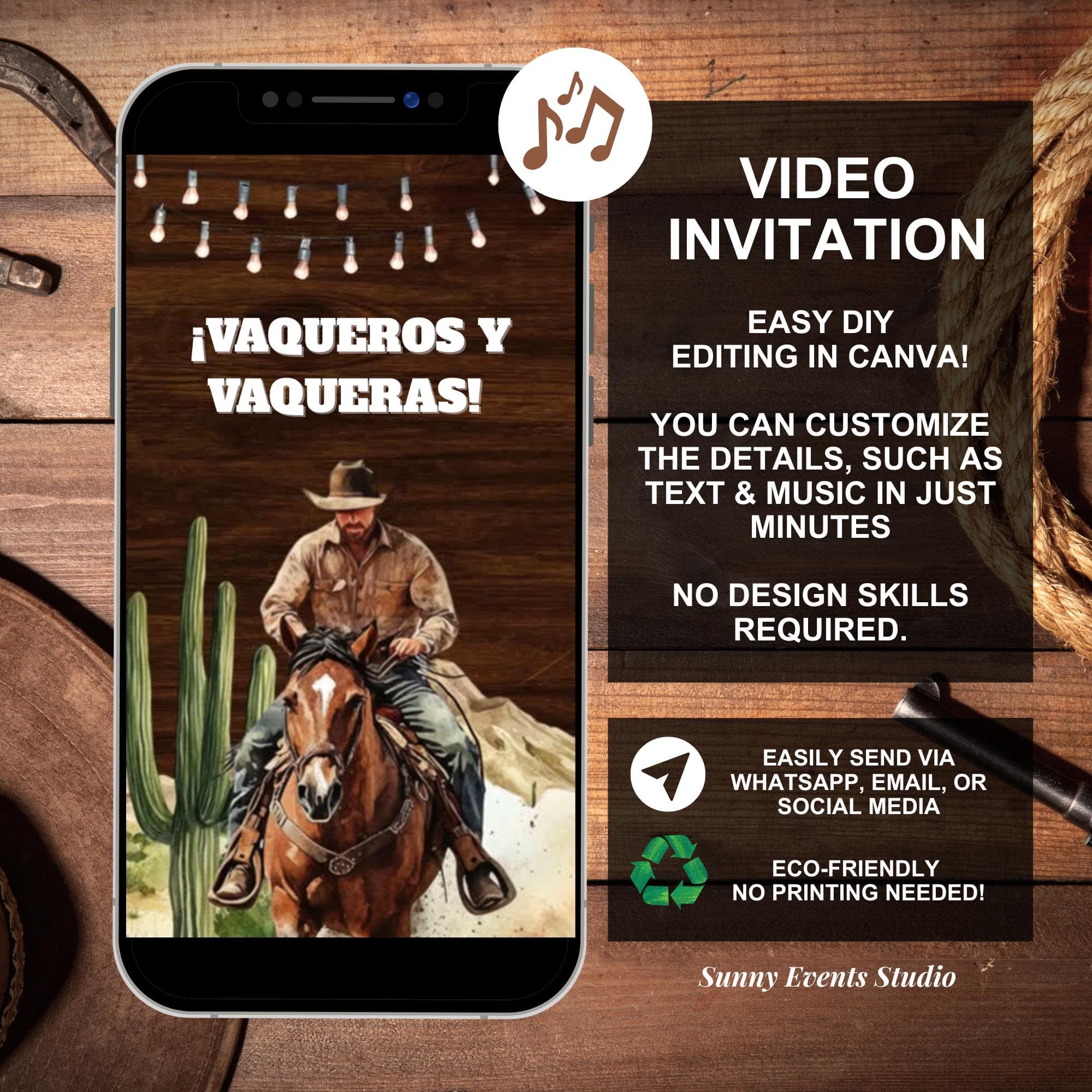 Animated Desert Mexican Spanish Cowboy Birthday Invitacion, Vaqueros y Vaqueras Birthday Invitation, Rustic Woods Cactus Adult Birthday C13 - image 3