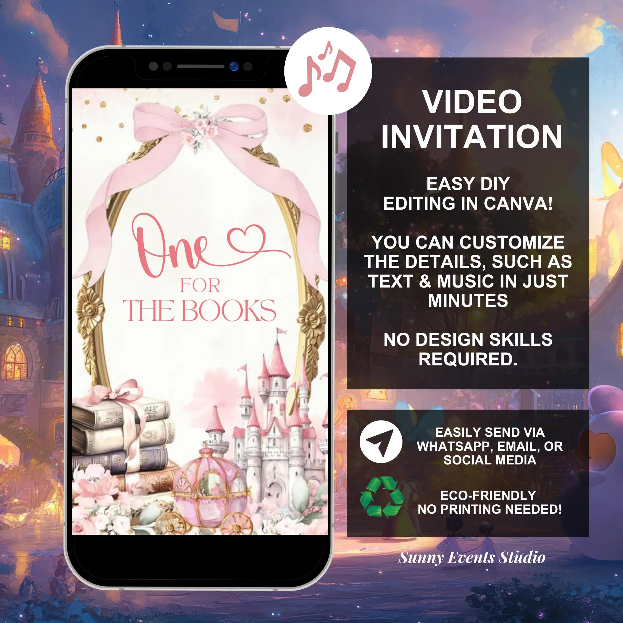 Blush Pink Coquette Bow Fairytale Storybook First Birthday Video Invitation, One For The Book 1st Birthday Kingdom Birthday Animation A6 - image 3