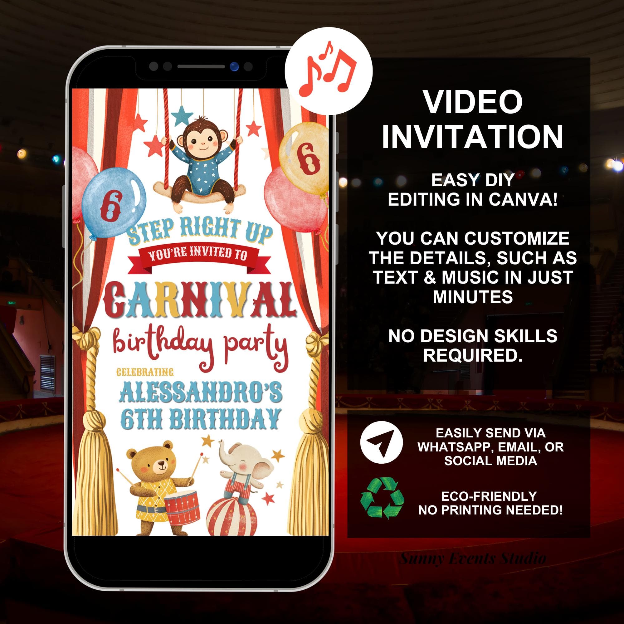 Red Yellow Fun Circus Birthday Invitation, Carnival Theme Kids Birthday Invite, Editable Circus Ticket Birthday Party Canva Animation C260 - image 3