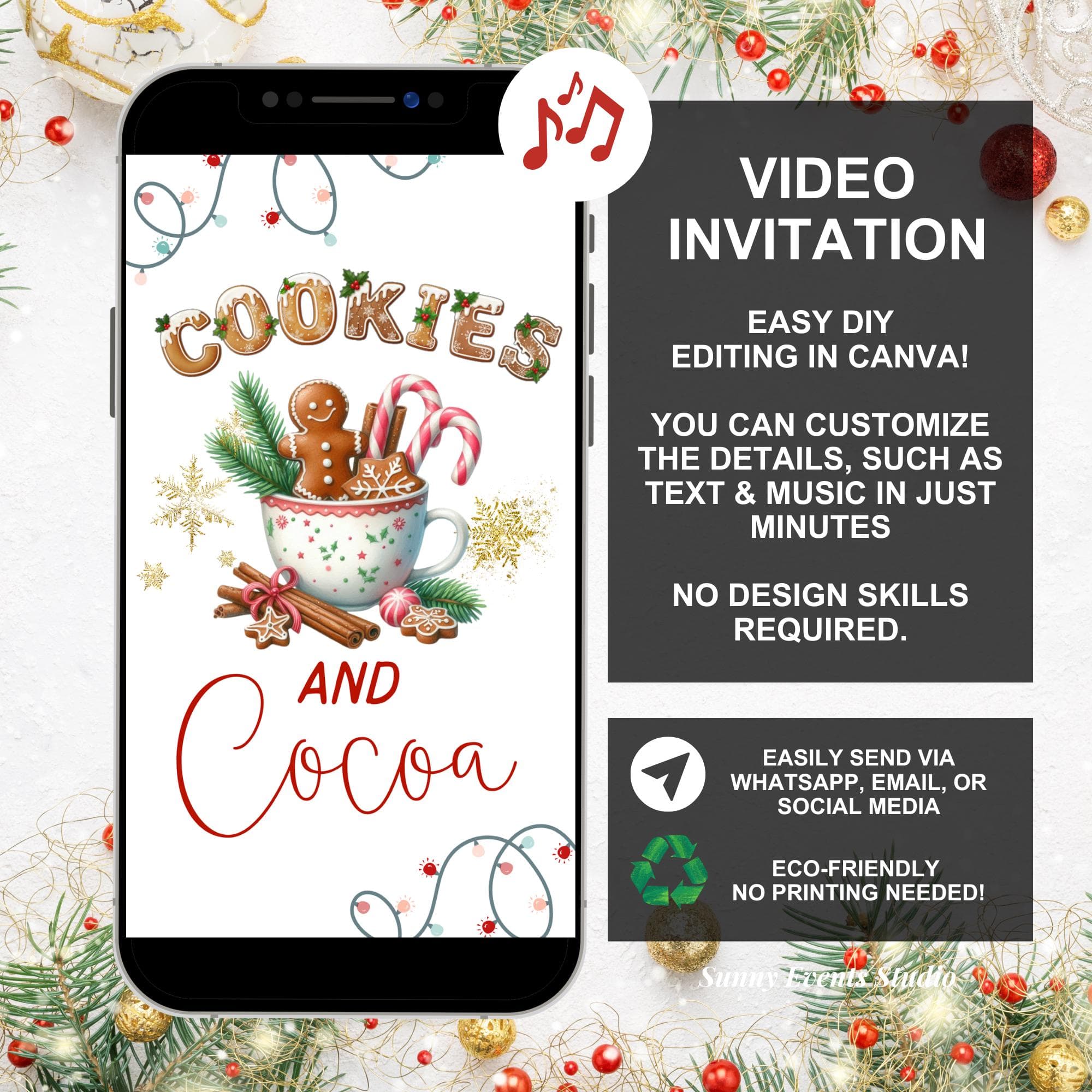 Cookies and Cocoa Birthday Party Invitation, Winter Christmas Theme Birthday Invite, Canva Editable Snowflakes Kids Birthday Animation WZ12 - image 3