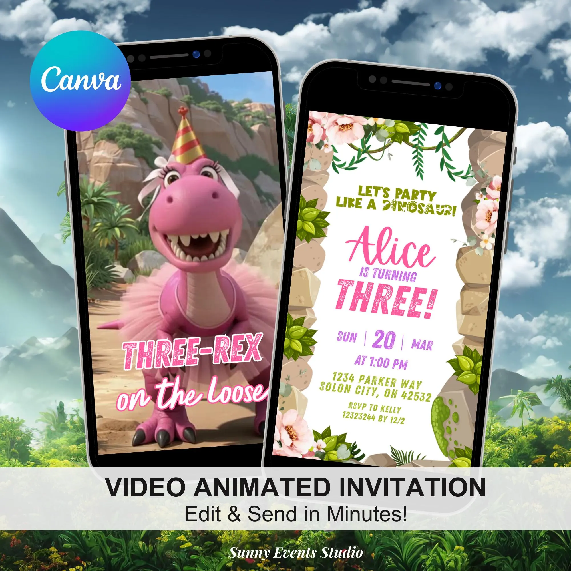 Self Editable Pink Dinosaur Three-Rex Roar Birthday Party Invitation, Three-Rex On The Bone Birthday, Animated Dinosaur Girl Birthday Video