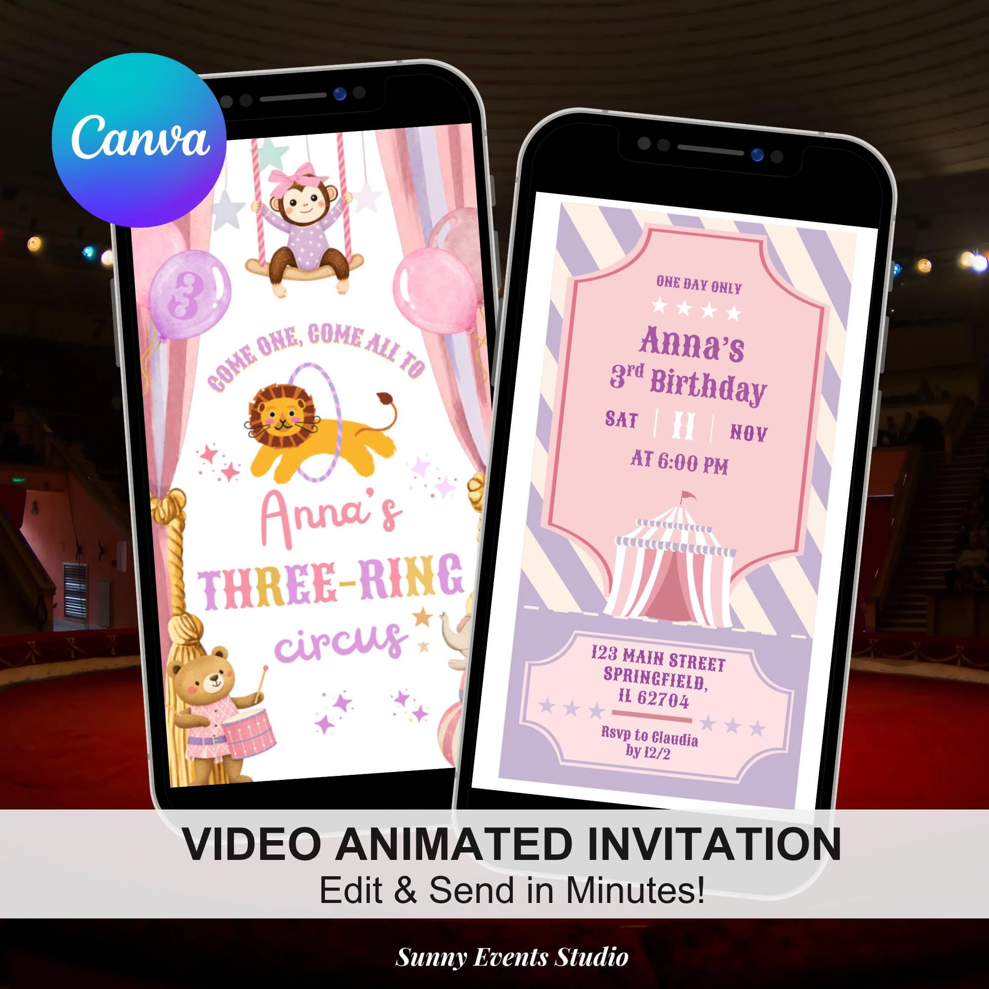 Pink Purple Three-ring Circus Girl Birthday Invitation, Carnival Theme Kids 3rd Birthday, Birthday Ticket Editable Canva Animation C260
