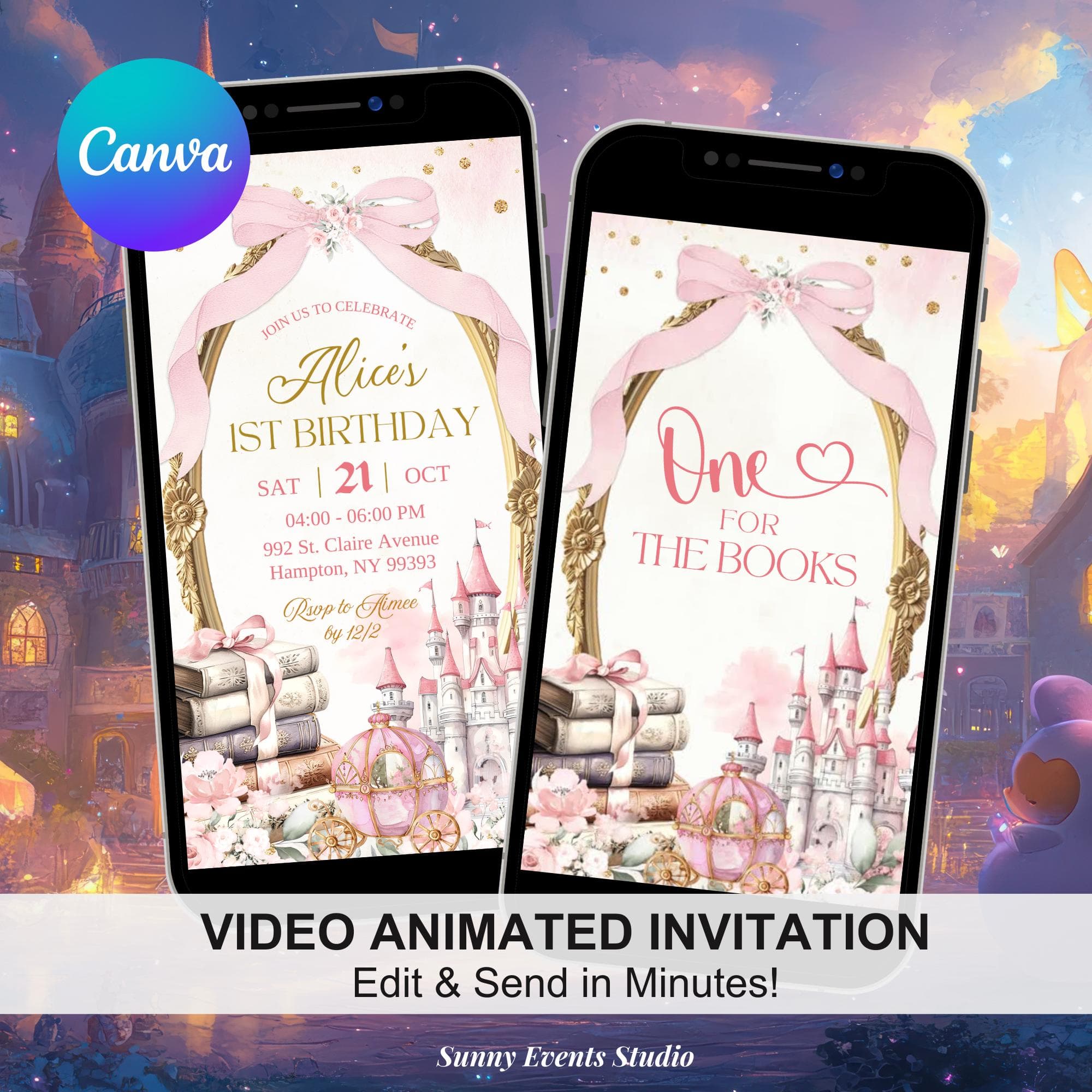Blush Pink Coquette Bow Fairytale Storybook First Birthday Video Invitation, One For The Book 1st Birthday Kingdom Birthday Animation A6
