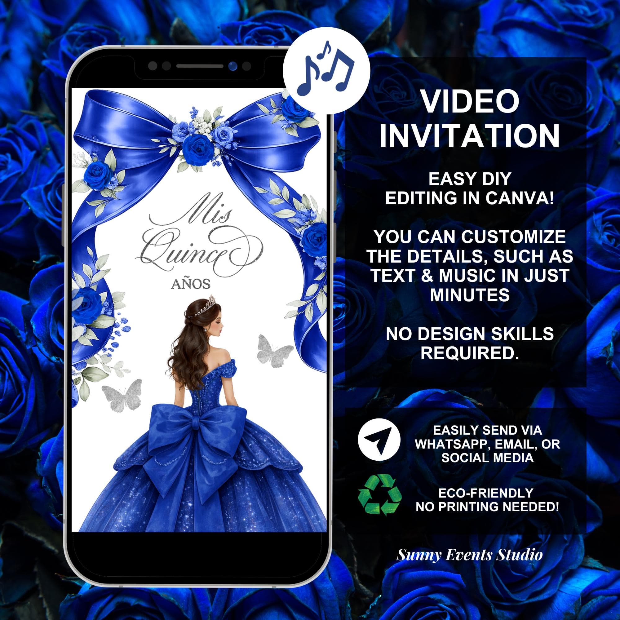 Navy Blue Bow Coquette Quinceanera Invitation, Silver Crown Princess Sweet 16th Invite, Canva Floral Mis Quince Anos XV Animation C227 - image 4