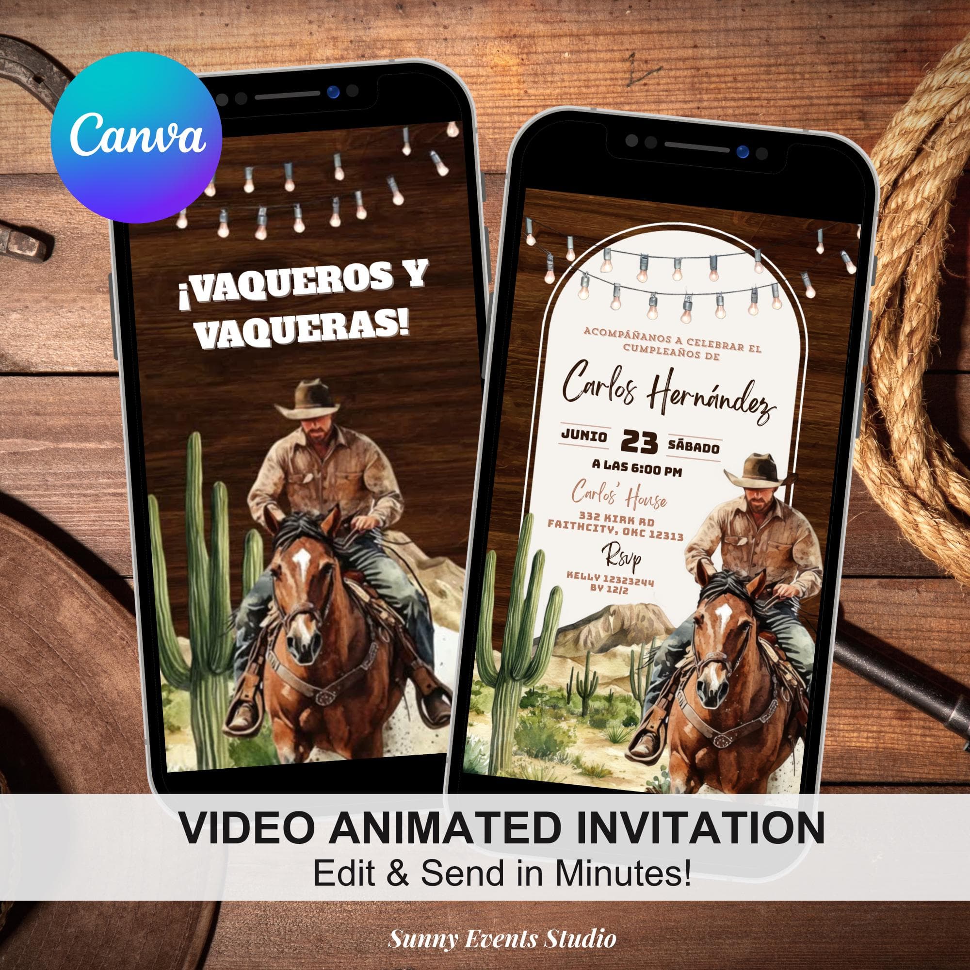 Animated Desert Mexican Spanish Cowboy Birthday Invitacion, Vaqueros y Vaqueras Birthday Invitation, Rustic Woods Cactus Adult Birthday C13