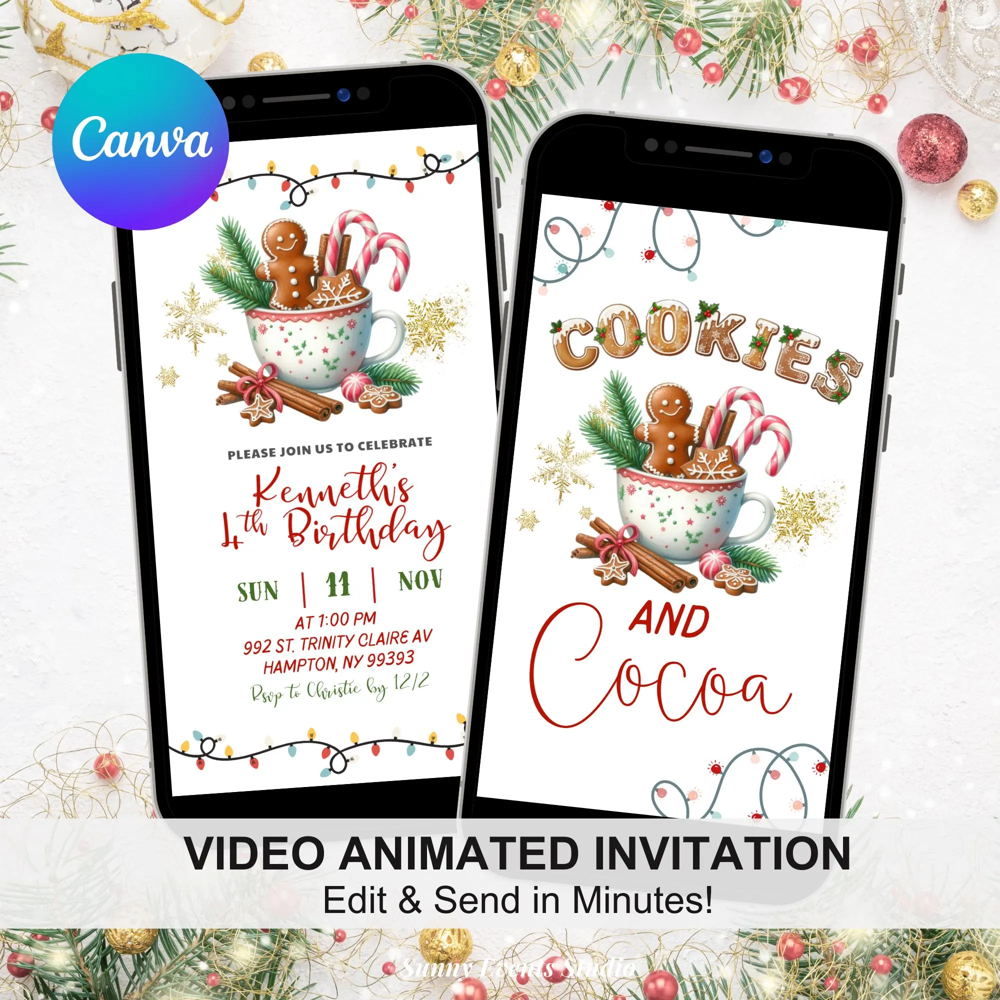 Cookies and Cocoa Birthday Party Invitation, Winter Christmas Theme Birthday Invite, Canva Editable Snowflakes Kids Birthday Animation WZ12