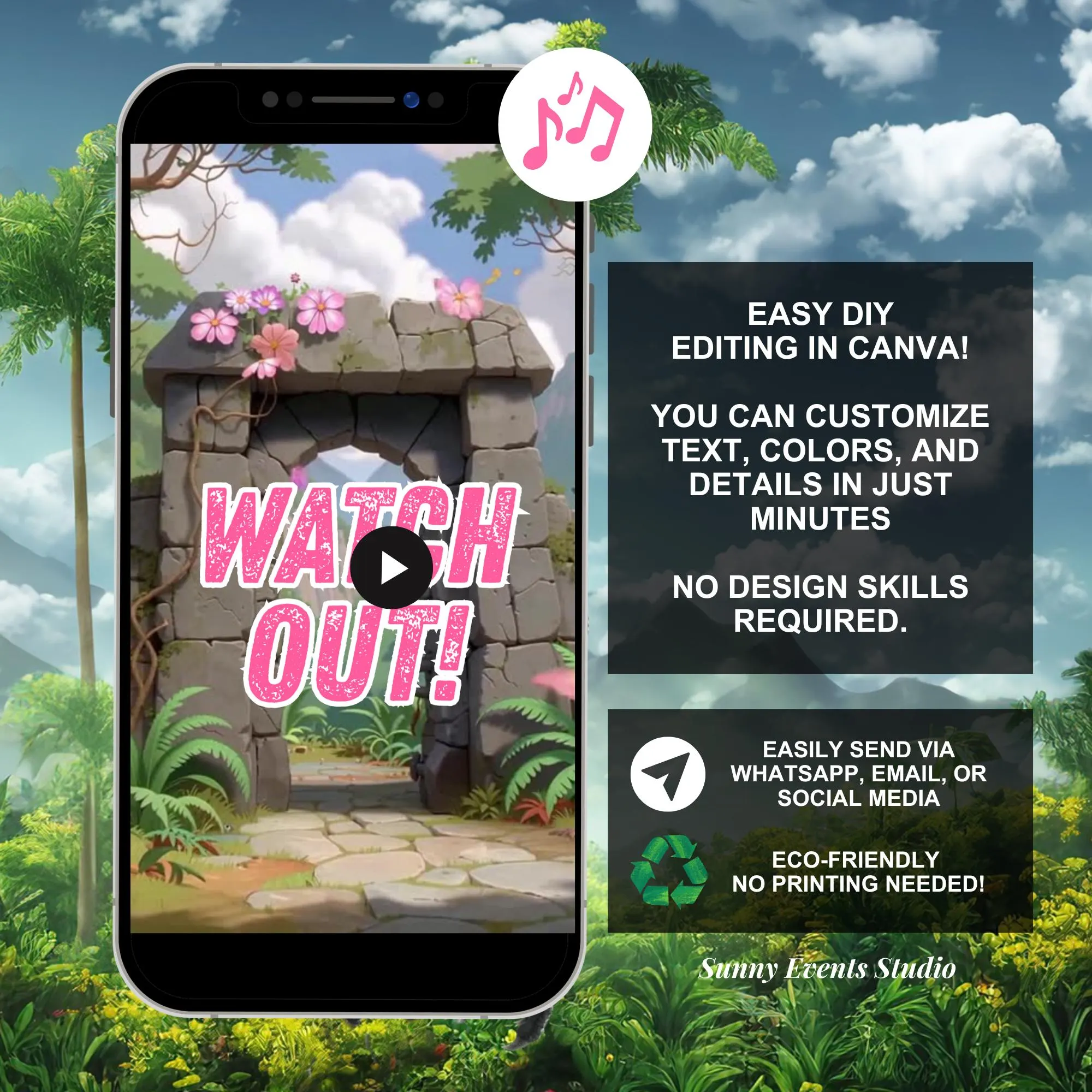 Self Editable Pink Dinosaur Three-Rex Roar Birthday Party Invitation, Three-Rex On The Bone Birthday, Animated Dinosaur Girl Birthday Video - image 3