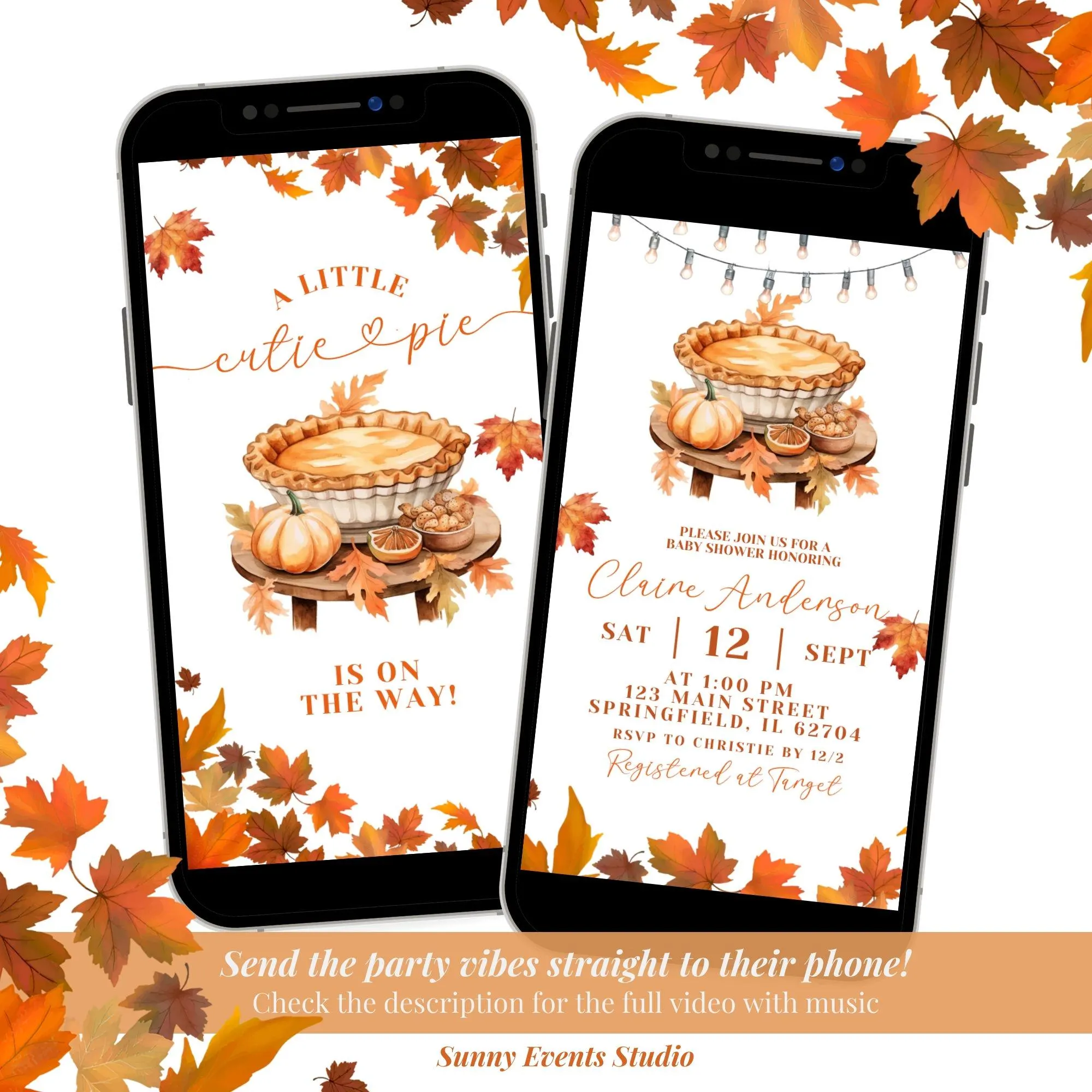 A Little Cutie Pumpkin Pie Baby Shower Mobile Video Invitation, Autumn Leaves Apple Pie Baby Shower Video Animation Invitation, C65