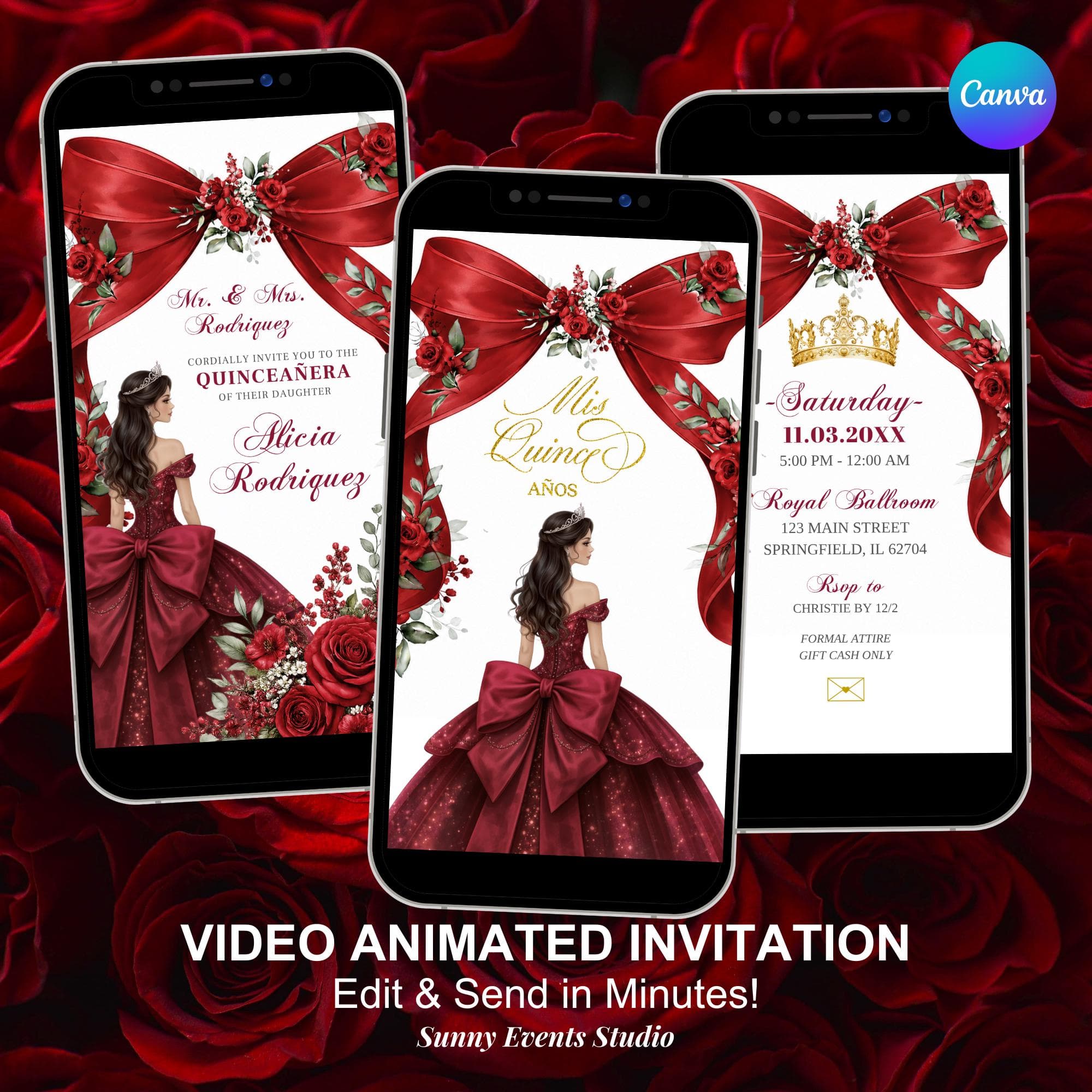 Red Burgundy Bow Coquette Quinceanera Invitation, Gold Crown Princess Sweet 16th Invite, Canva Animation Floral Mis Quince Anos XV C227