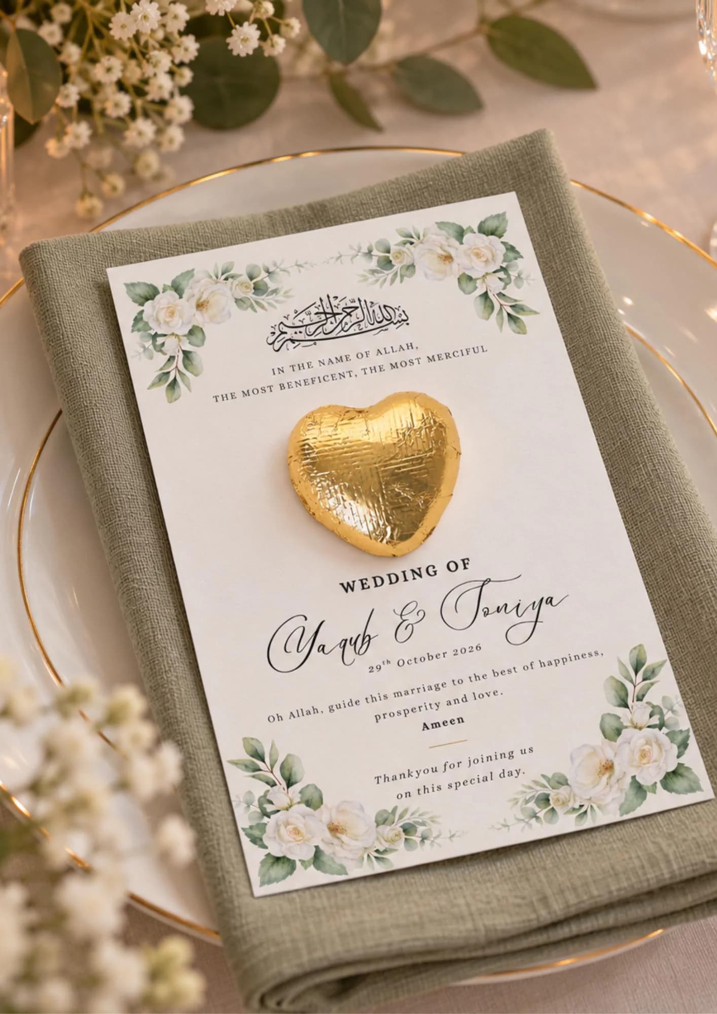 Luxury Wedding Favours with Chocolate Foil Heart l Personalised Gifts for Guests l Elegant Place Card l Wedding Table Decor l Nikkah Walima