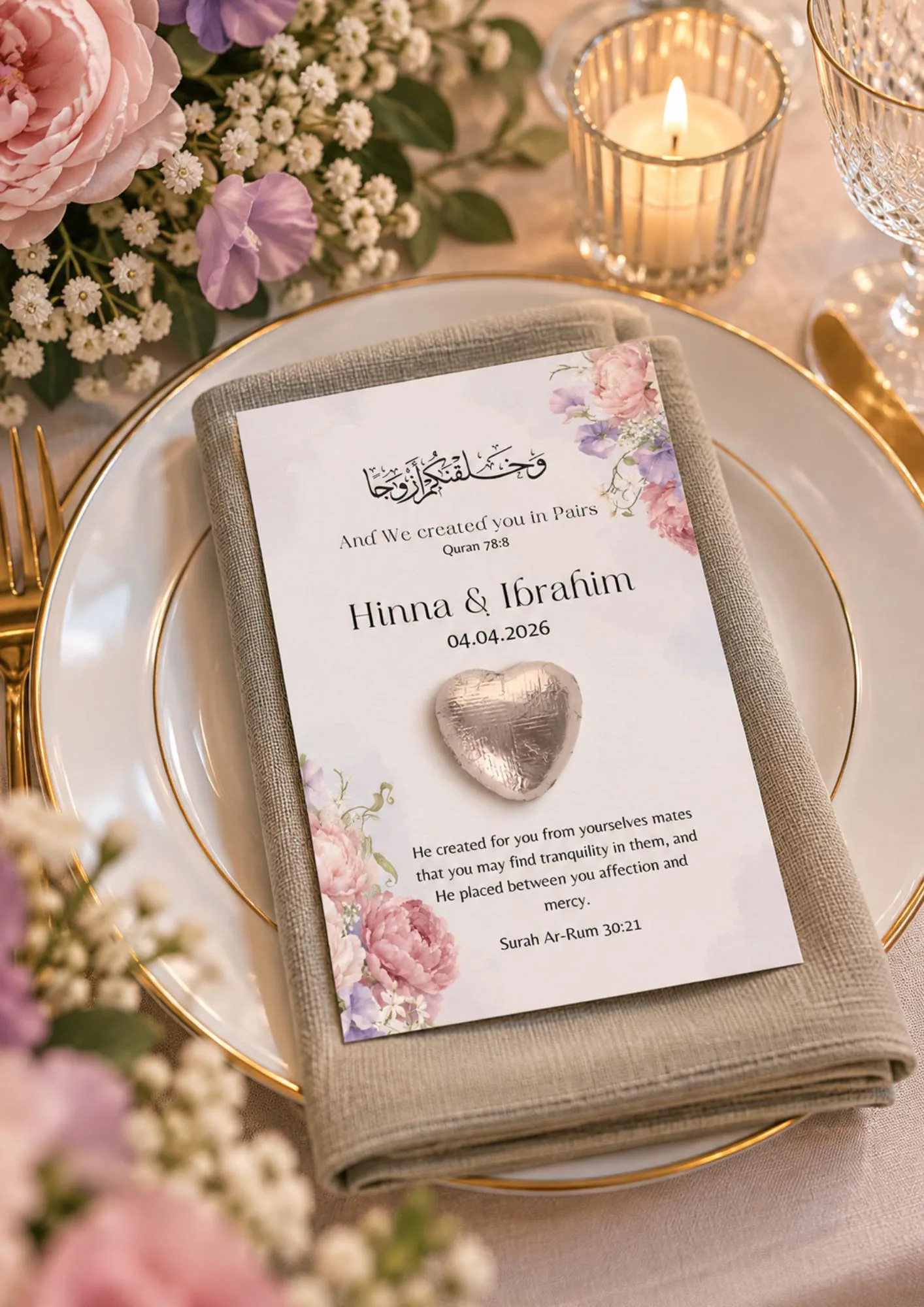 Luxury Wedding Favours with Chocolate Foil Heart l Personalised Gifts for Guests l Elegant Place Card l Wedding Table Decor l Nikkah Walima