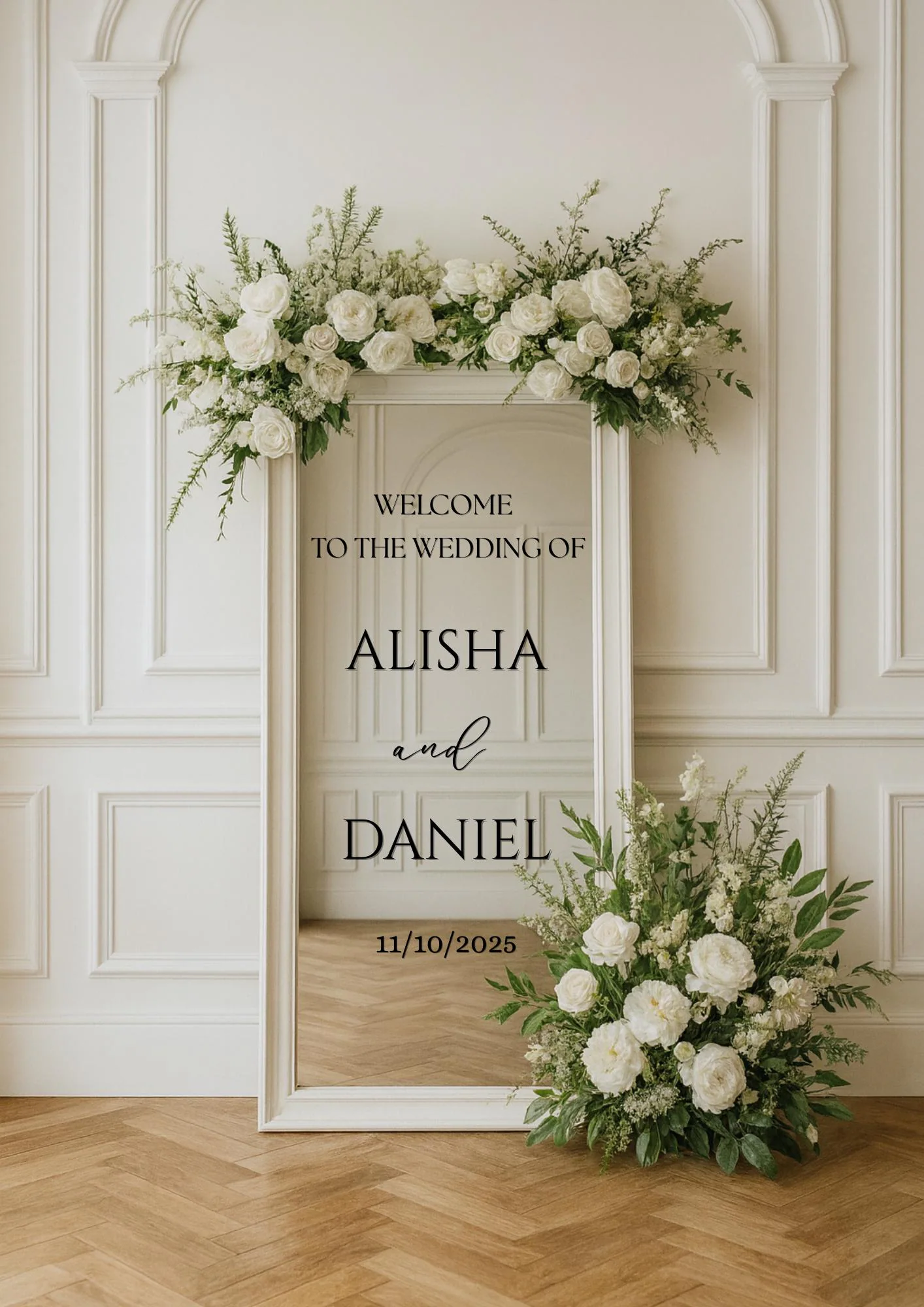 Luxury Personalised Custom Sign Vinyl Decal Mirror Welcome Board Names & Date included Engagement Wedding elegant Decor Selfie Label Sticker