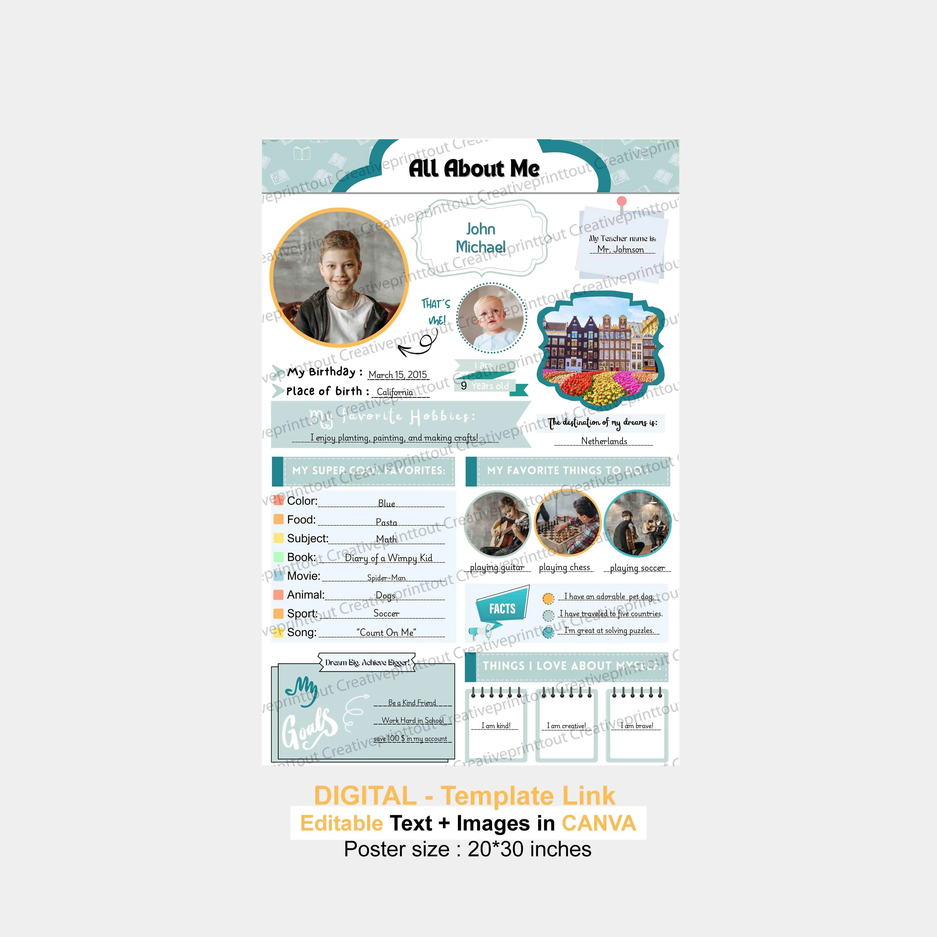 All about me project, Editable, Digital, star of the week, Big kids theme, 50*75cm poster, 20*30 inches poster, CANVA, LINK PDF