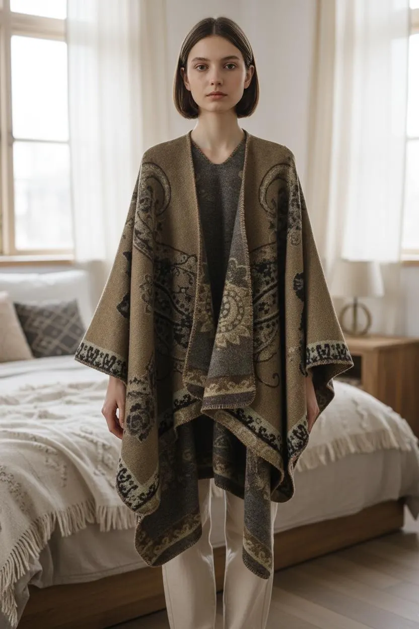 Women’s Winter Poncho Cape – Oversized Printed Shawl Wrap, Open-Front Cardigan, Cozy Blanket Scarf Coat - image 3
