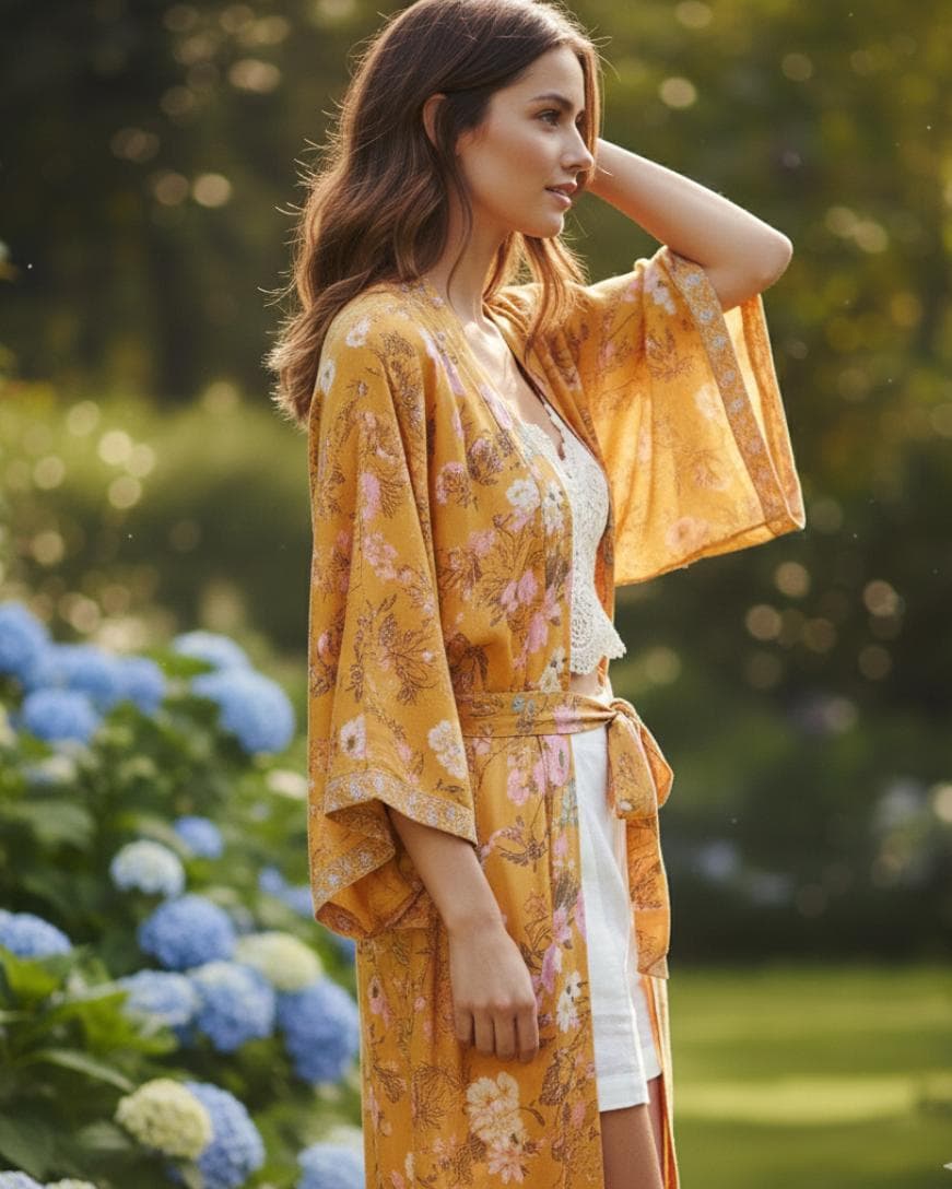 Boho Floral Kimono Cardigan for Women, Lightweight Spring Summer Beach Cover Up, Floral Print Long Robe with Belt, Tropical Garden Style - image 2