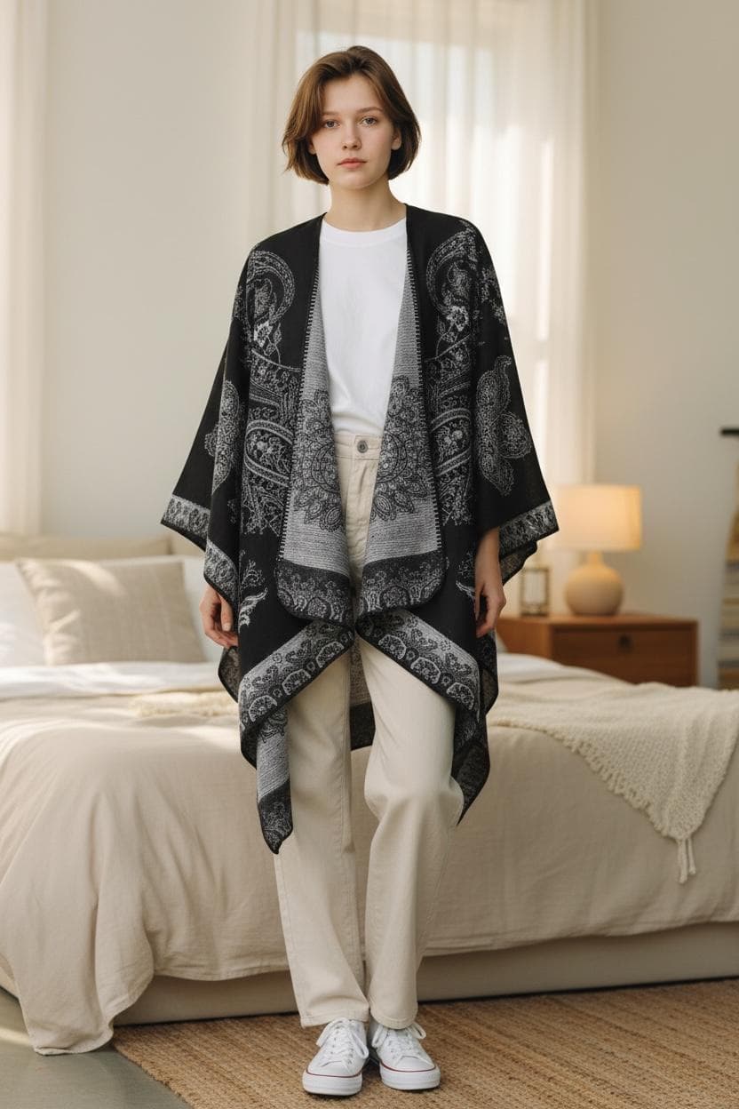 Women’s Winter Poncho Cape – Oversized Printed Shawl Wrap, Open-Front Cardigan, Cozy Blanket Scarf Coat - image 2