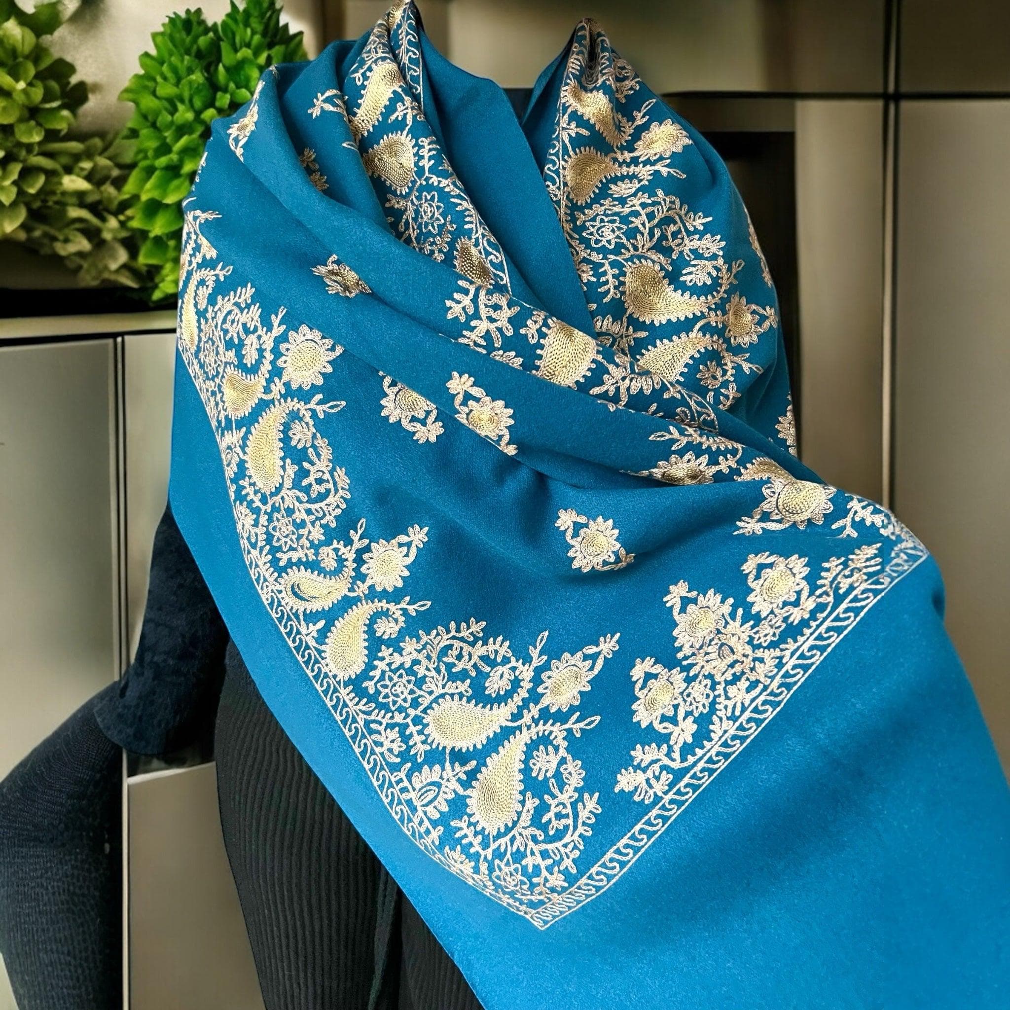 Blue Embroidered Scarf Shawl Wrap – Thoughtful Gift for Her, Handmade Scarves & Accessories