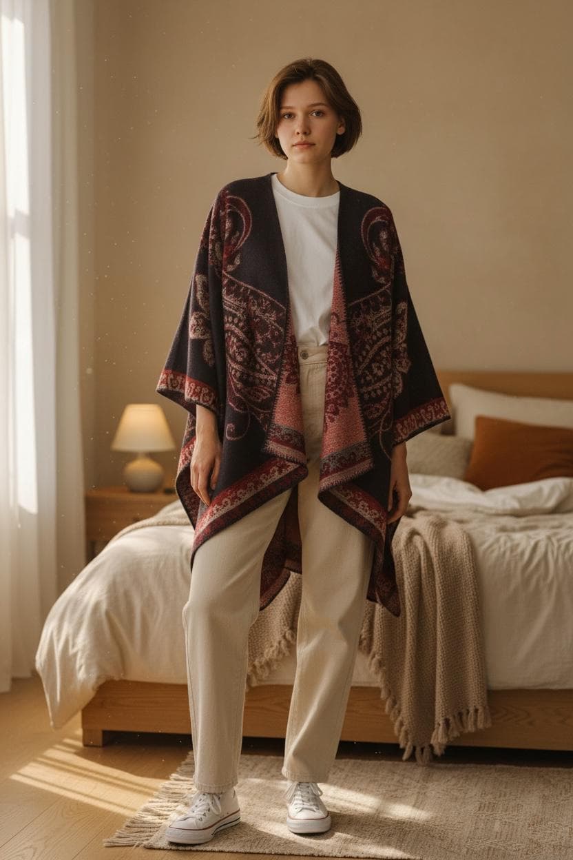 Women’s Winter Poncho Cape – Oversized Printed Shawl Wrap, Open-Front Cardigan, Cozy Blanket Scarf Coat