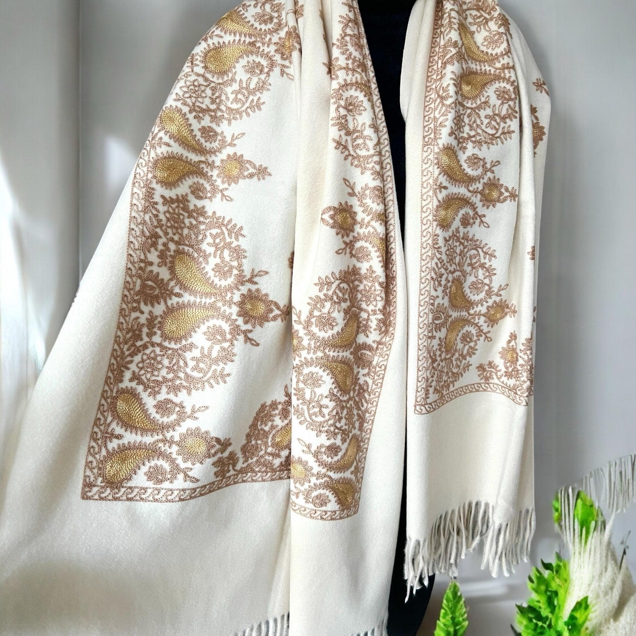 Beige and Gold Embroidered Scarf – Stylish Shawl Wrap, Perfect Gift for Her, Handmade Accessory