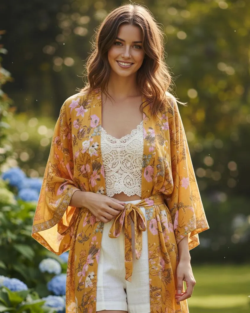 Boho Floral Kimono Cardigan for Women, Lightweight Spring Summer Beach Cover Up, Floral Print Long Robe with Belt, Tropical Garden Style - image 3
