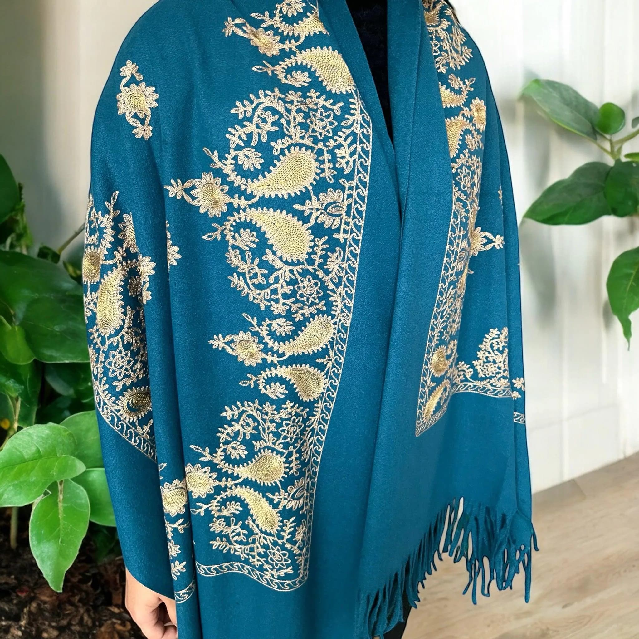 Blue Embroidered Scarf Shawl Wrap – Thoughtful Gift for Her, Handmade Scarves & Accessories - image 2