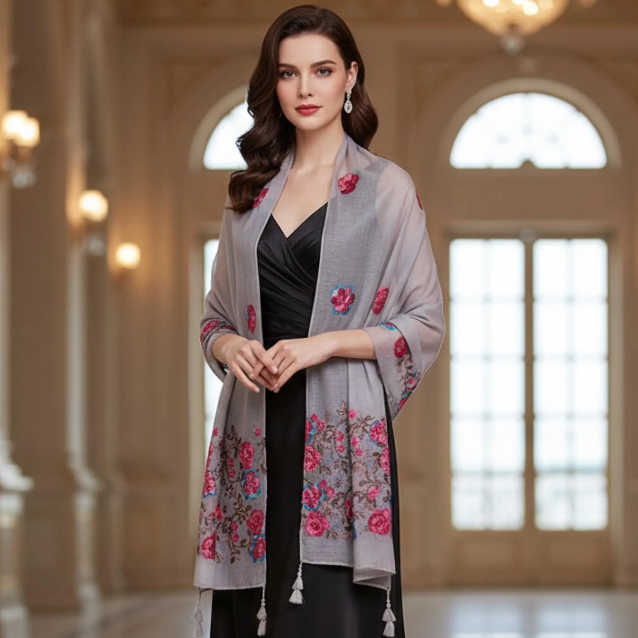 Ladies Travel Shawl with Embroidery | Lightweight Warm Wrap Scarf | Versatile Everyday Accessory