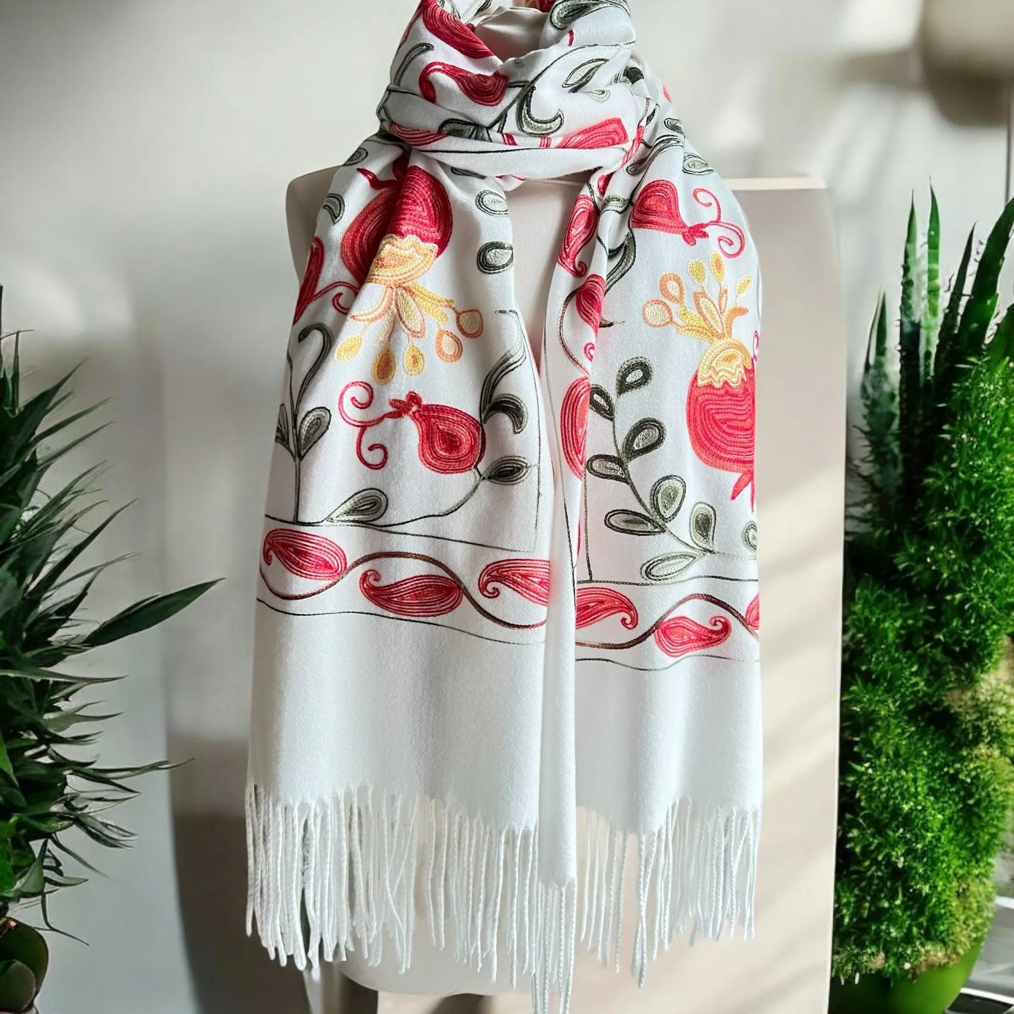 White Embroidered Shawl Stole, Winter Wrap, Oversized Pashmina Scarf, Evening Wrap, Women’s Winter Shawl, Warm Blanket Scarf, Gift for Her - image 4
