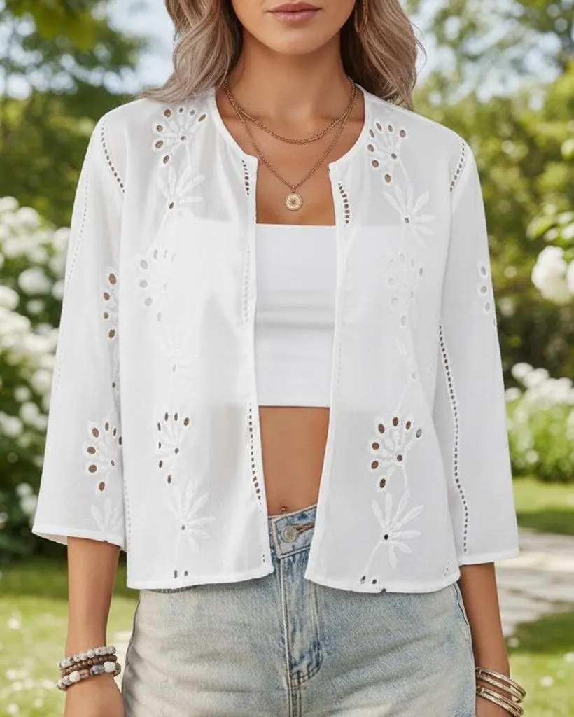 Eyelet Embroidered Cotton Cardigan