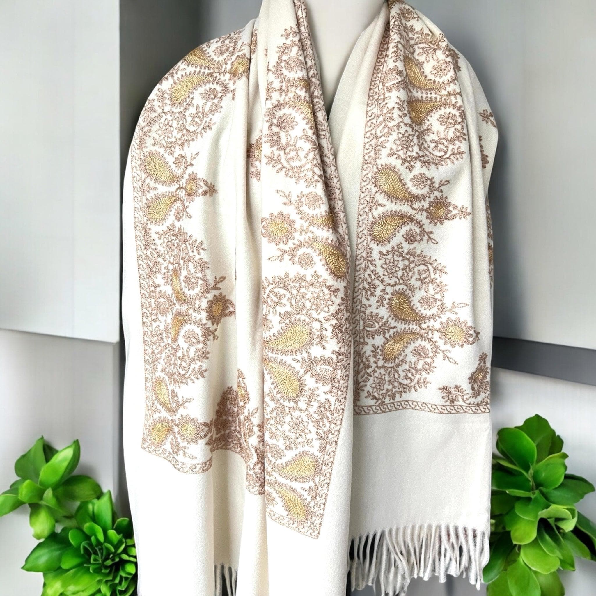 Beige and Gold Embroidered Scarf – Stylish Shawl Wrap, Perfect Gift for Her, Handmade Accessory - image 3
