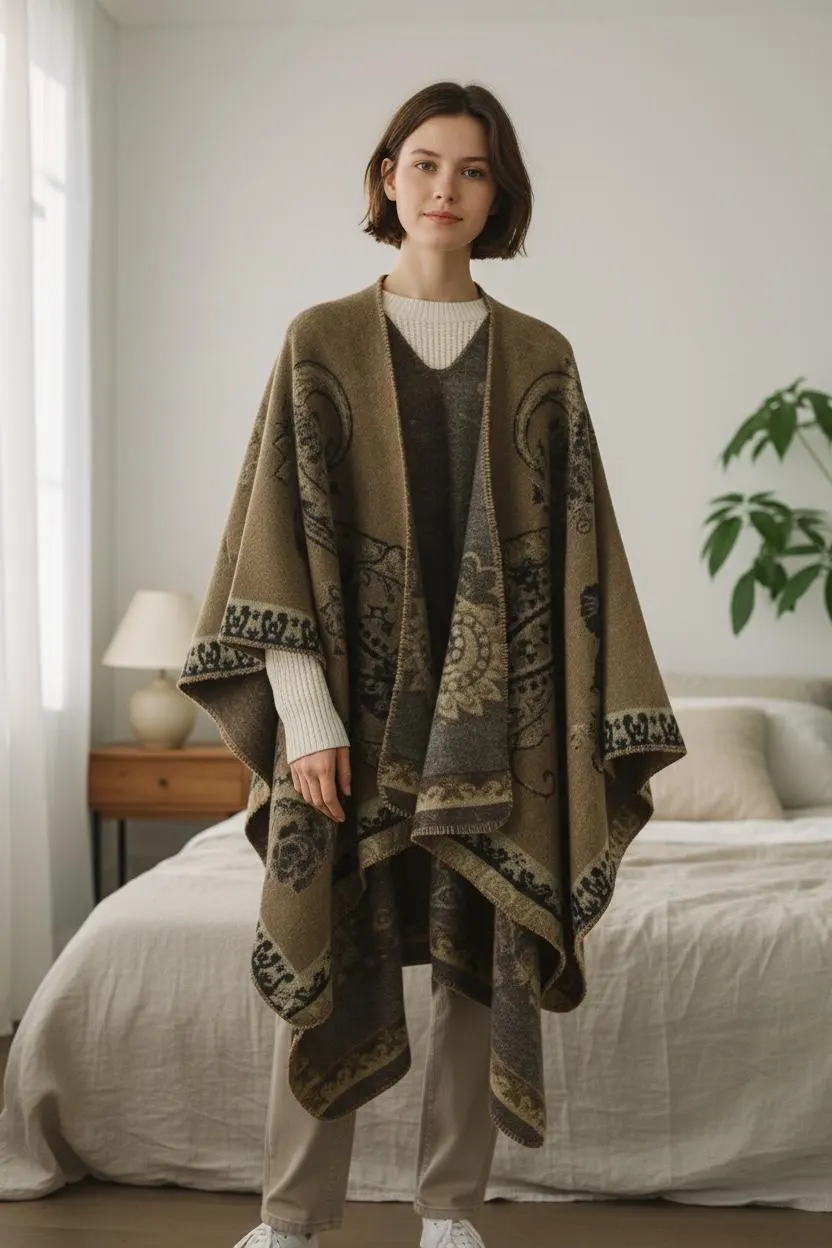 Women’s Winter Poncho Cape – Oversized Printed Shawl Wrap, Open-Front Cardigan, Cozy Blanket Scarf Coat - image 4