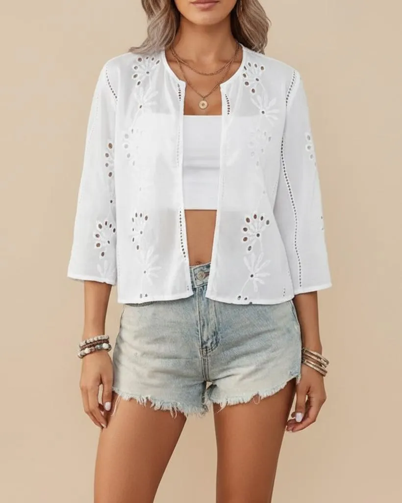 Boho Eyelet Embroidered Cotton Cardigan
