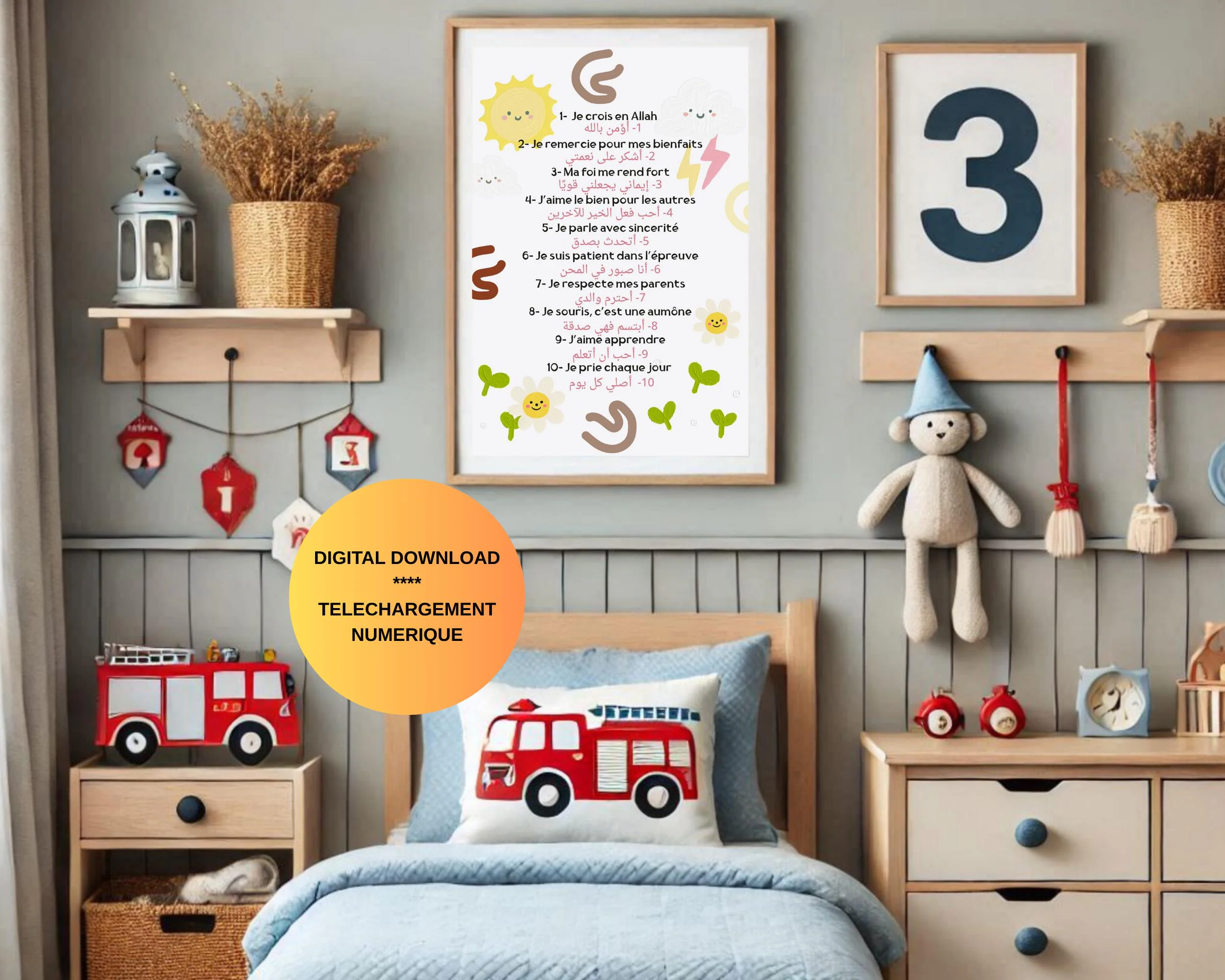 Affiche éducative islamique pour enfants – 10 affirmations quotidiennes en arabe, français et anglais