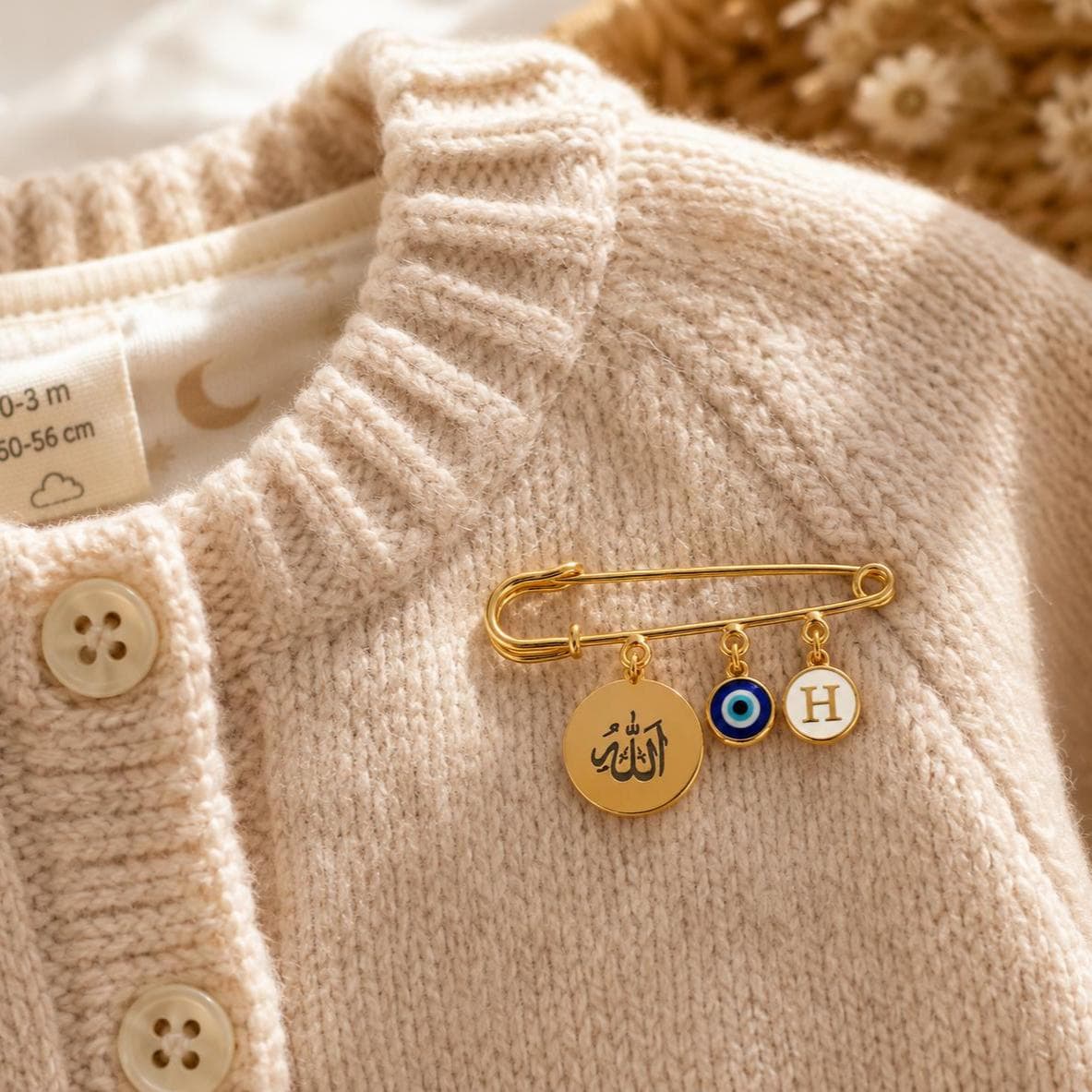 Custom Muslim Baby Pin, Allah, Evil Eye, Mashallah Baby Pin,  Islamic Gift Baby, Initial Charm - image 4