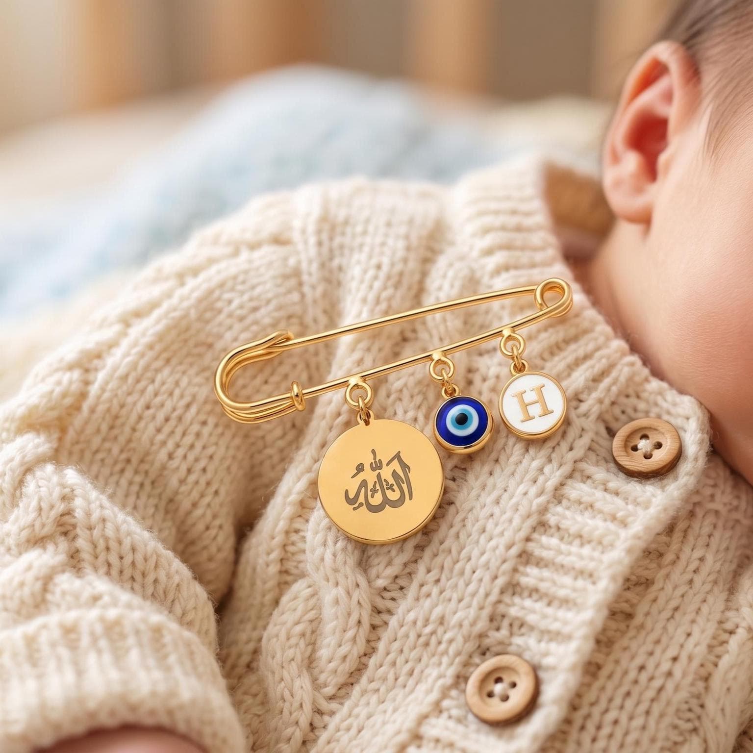 Custom Muslim Baby Pin, Allah, Evil Eye, Mashallah Baby Pin,  Islamic Gift Baby, Initial Charm - image 3