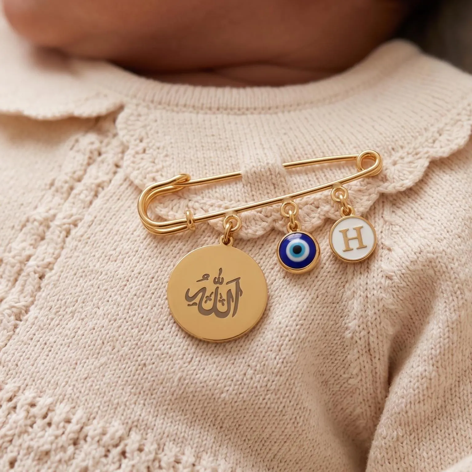 Custom Muslim Baby Pin, Allah, Evil Eye, Mashallah Baby Pin,  Islamic Gift Baby, Initial Charm