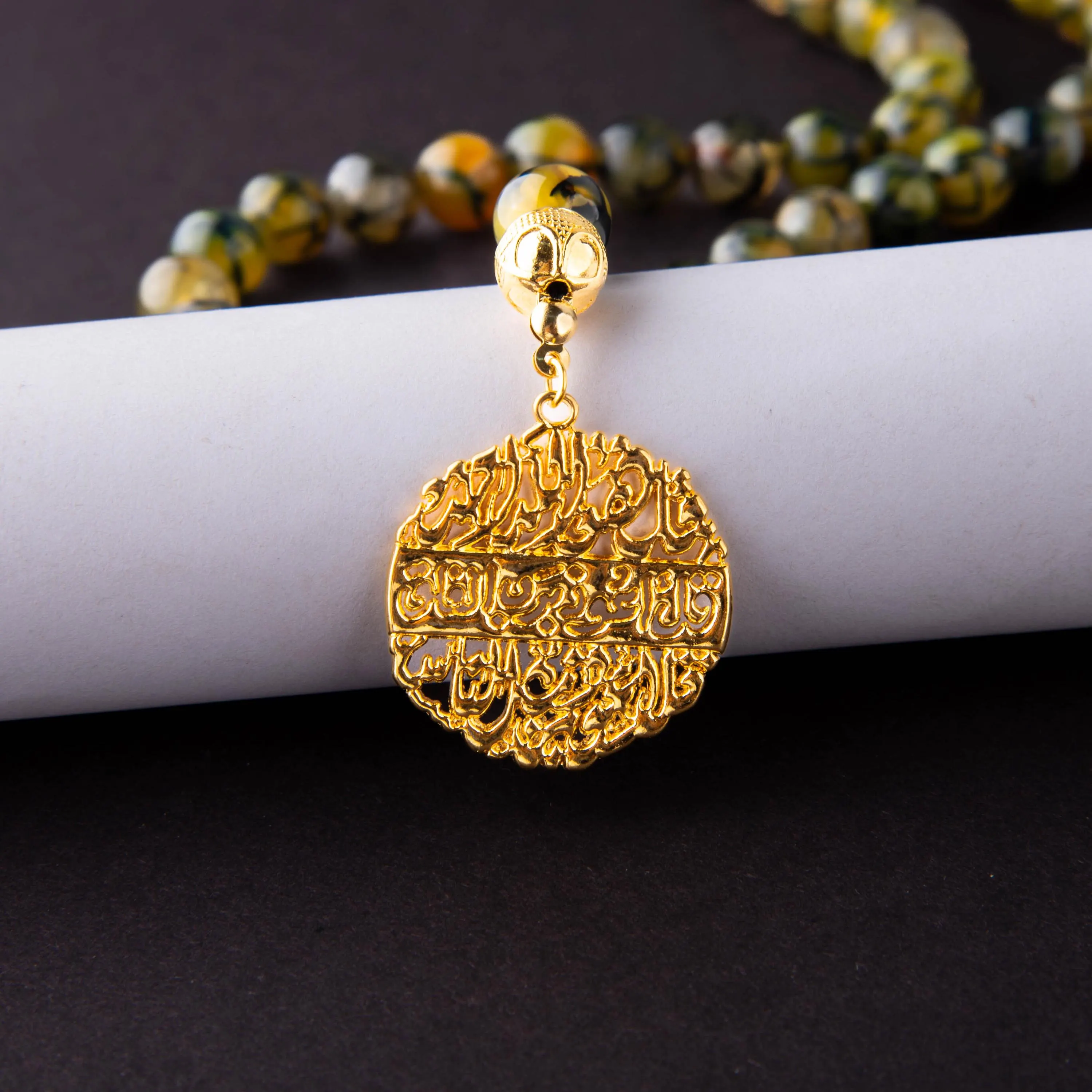 Olive Green Aqeeq Agate Tasbeeh; 33 Count Islamic Misbaha; 24k Gold-Plated Pendant; Dhikr Prayer Beads; Ramadan Eid Gift; Muslim Gift - image 3