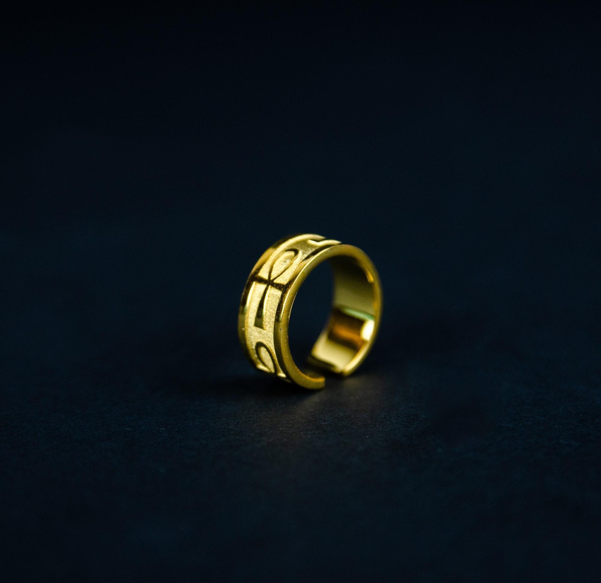 Engraved Ankh Ring; 24k Gold-Plated; Egyptian Band Ring; Eye of Horus; Ancient Egypt Jewelry; Unisex; Pharaonic Gift; For Him and Her